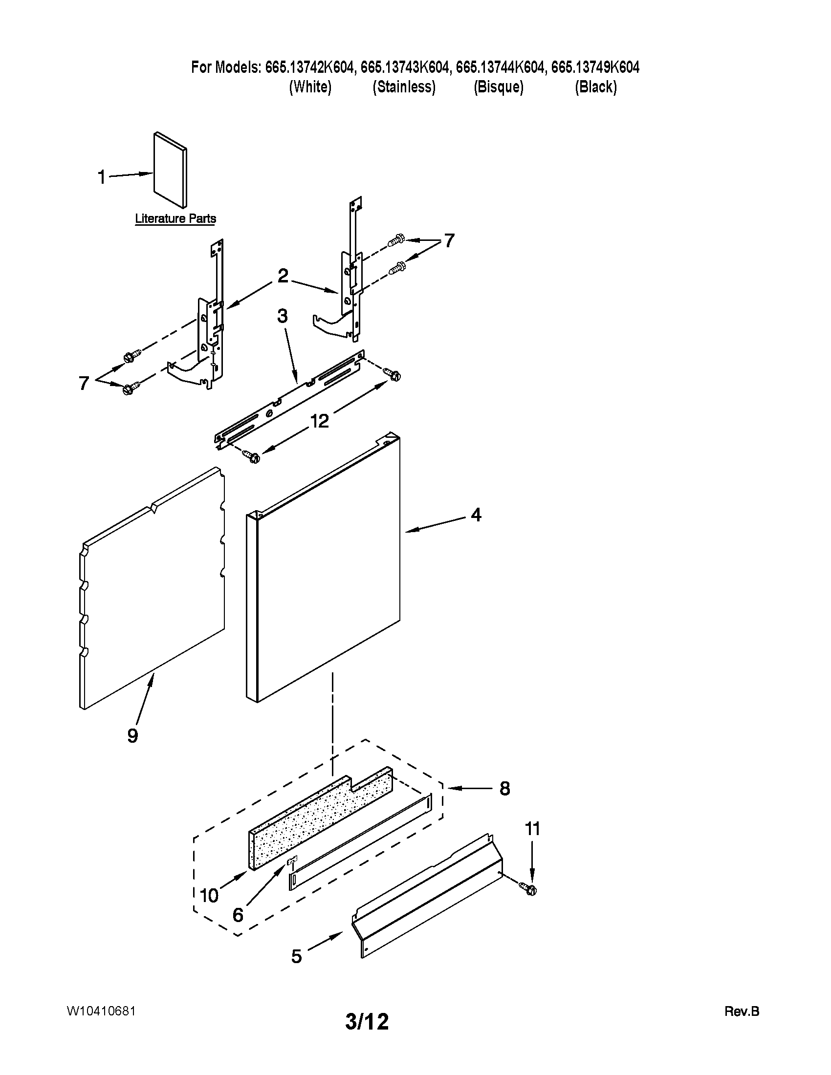 Kenmore 66513744K604 door and panel parts diagram