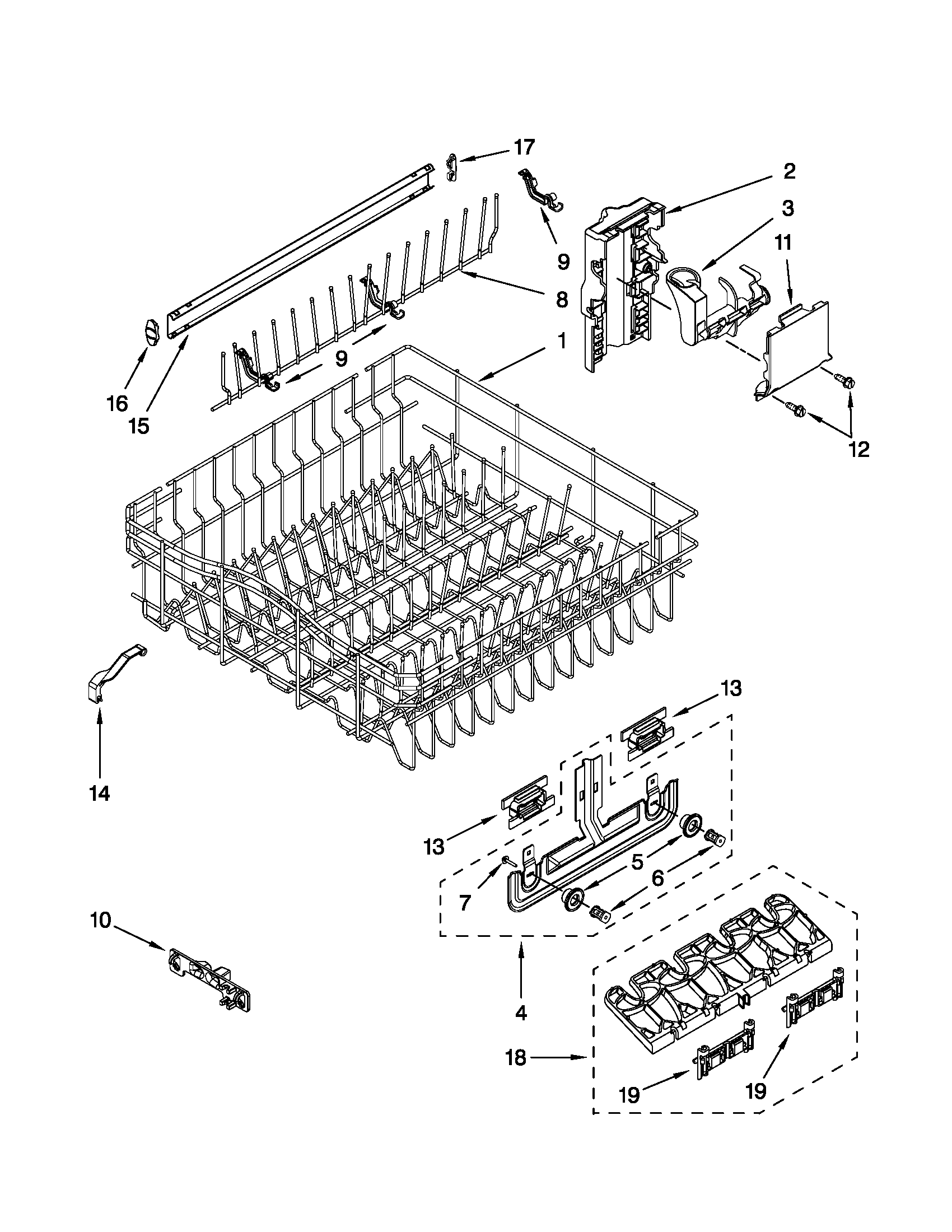 Kenmore 66513744K604 upper rack and track parts diagram