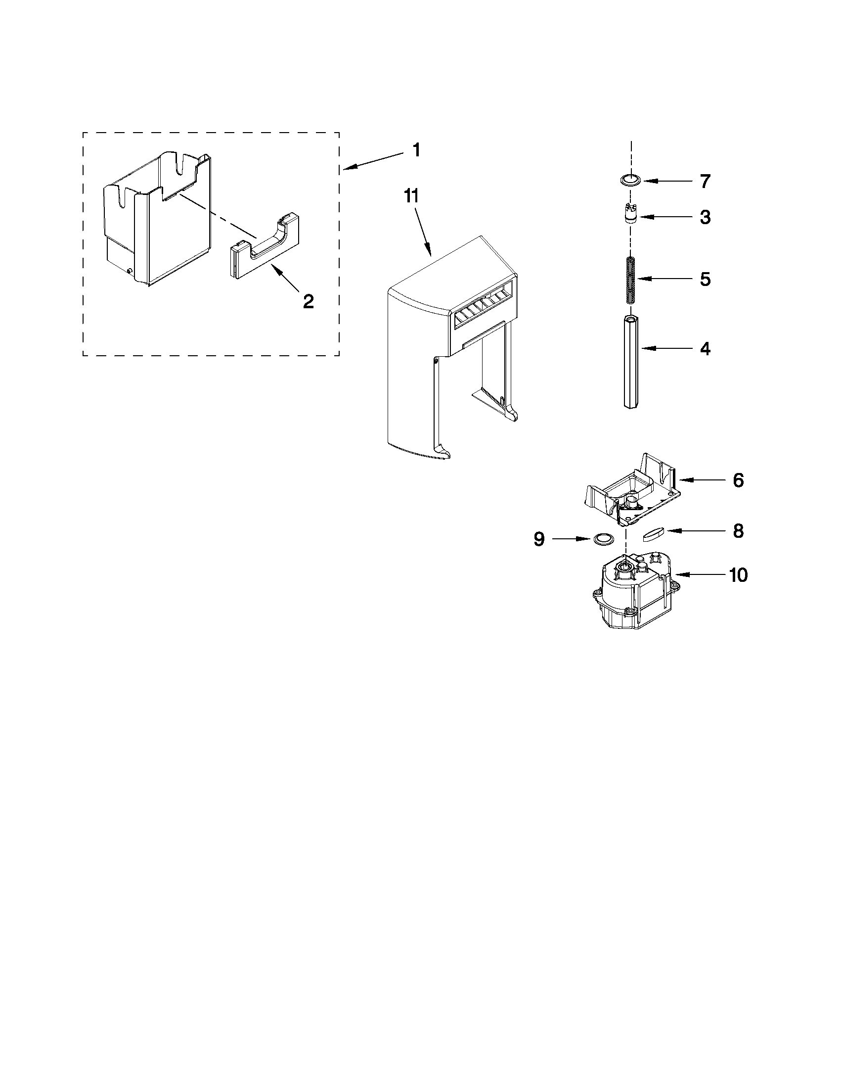 Kenmore Elite 10651142111 motor and ice container parts diagram
