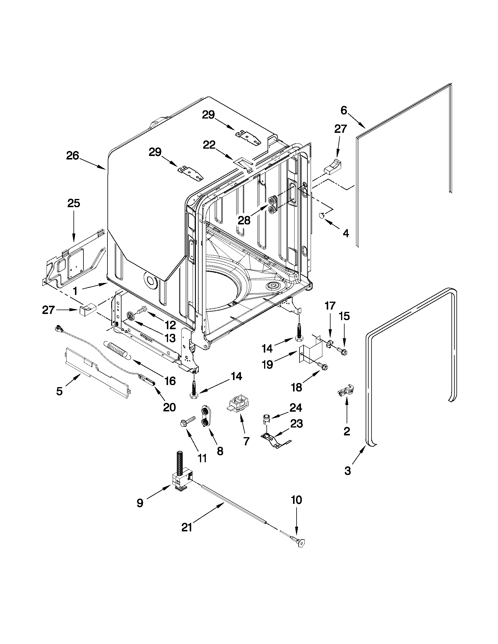 Kenmore Elite 66513929K010 tub and frame parts diagram