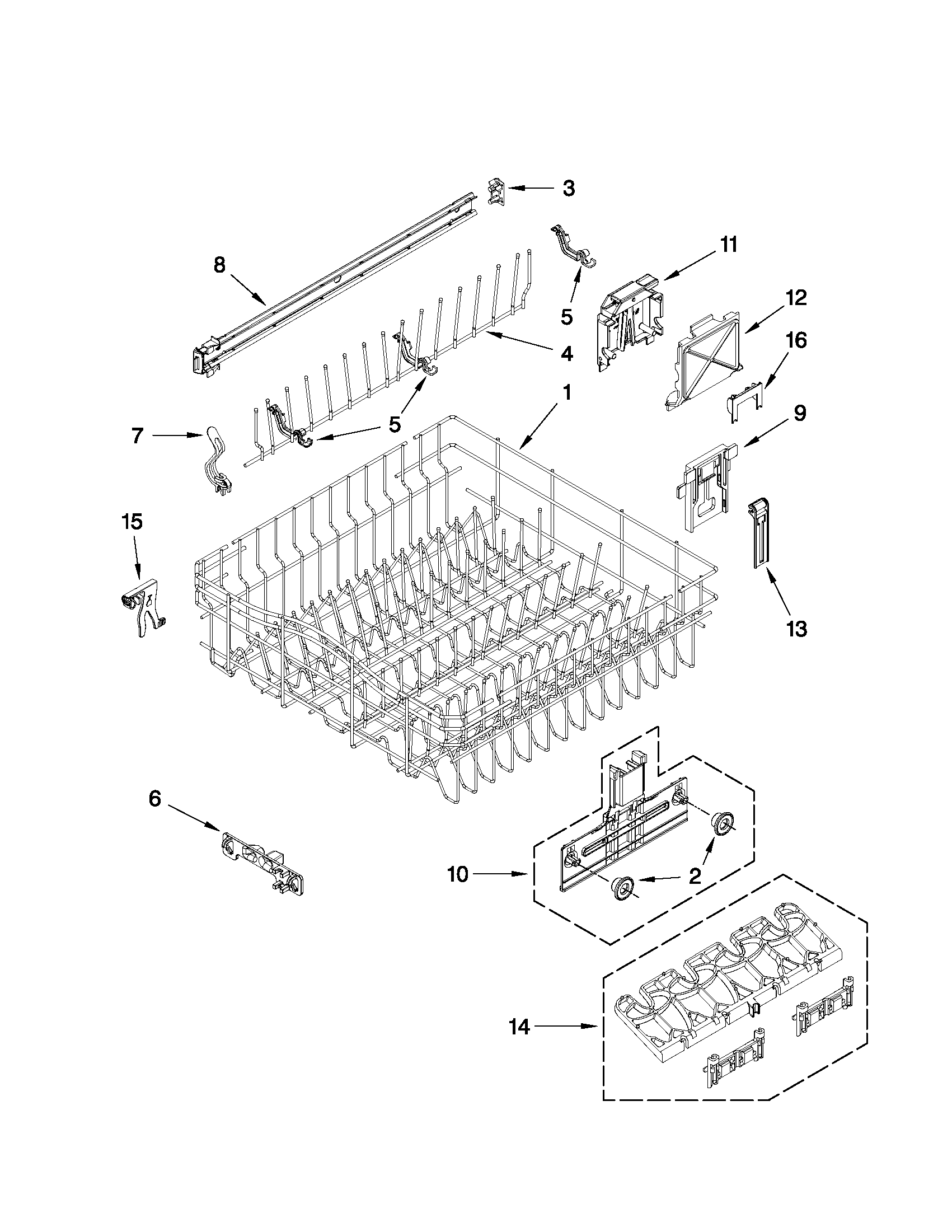 Kenmore Elite 66513973K010 upper rack and track parts diagram