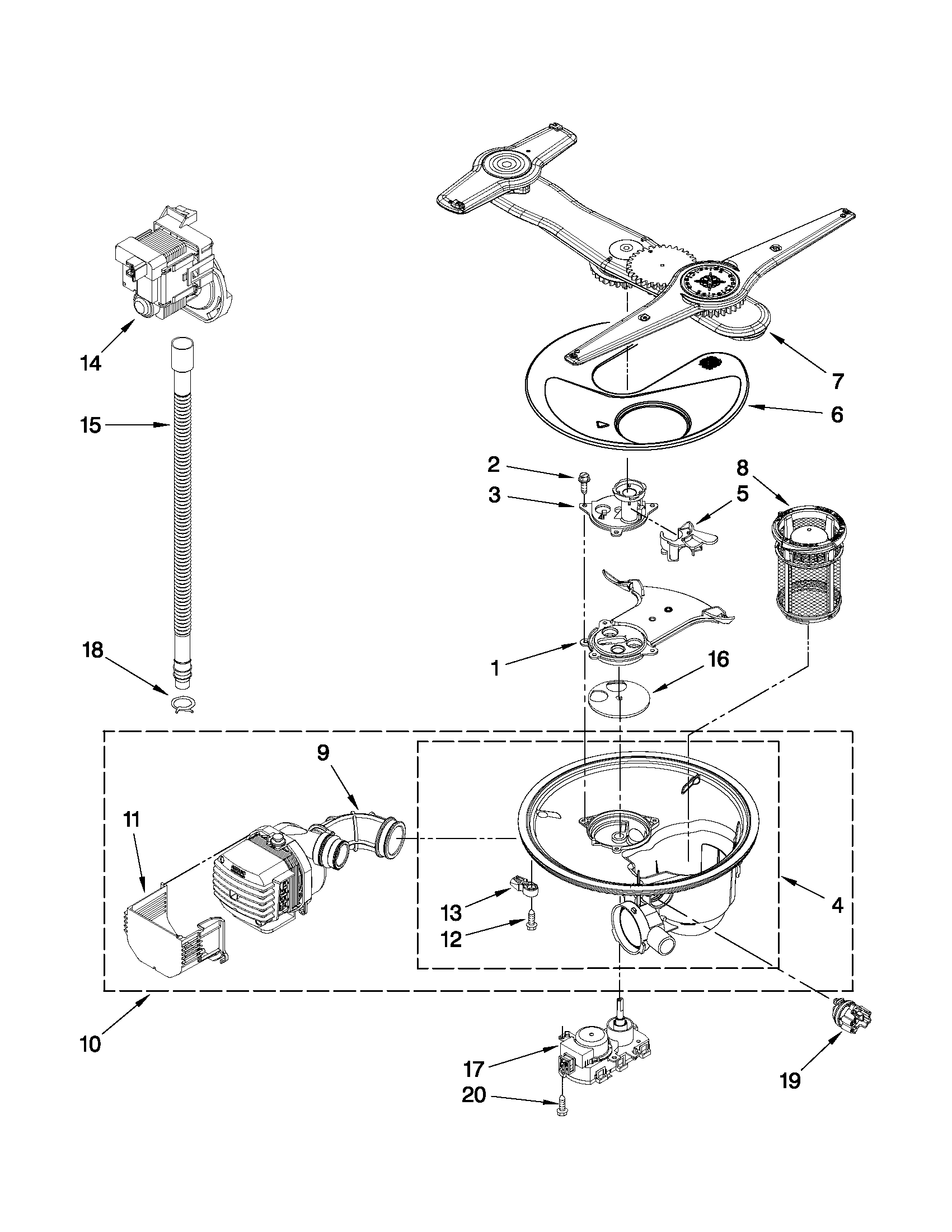 Kenmore 66514052K010 pump, washarm and motor parts diagram