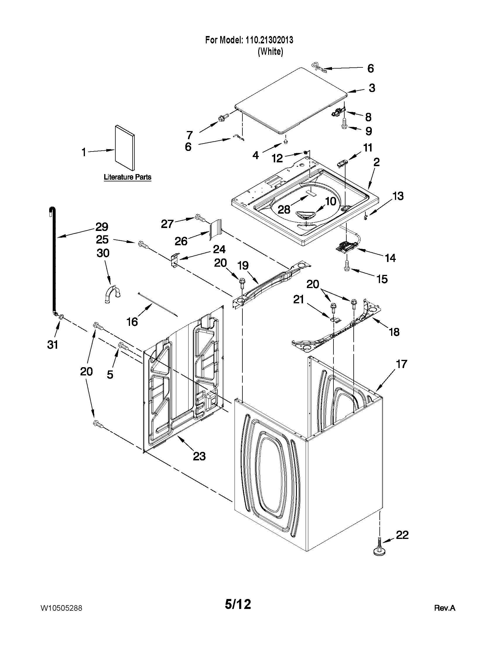 Kenmore 11021302013 top and cabinet parts diagram
