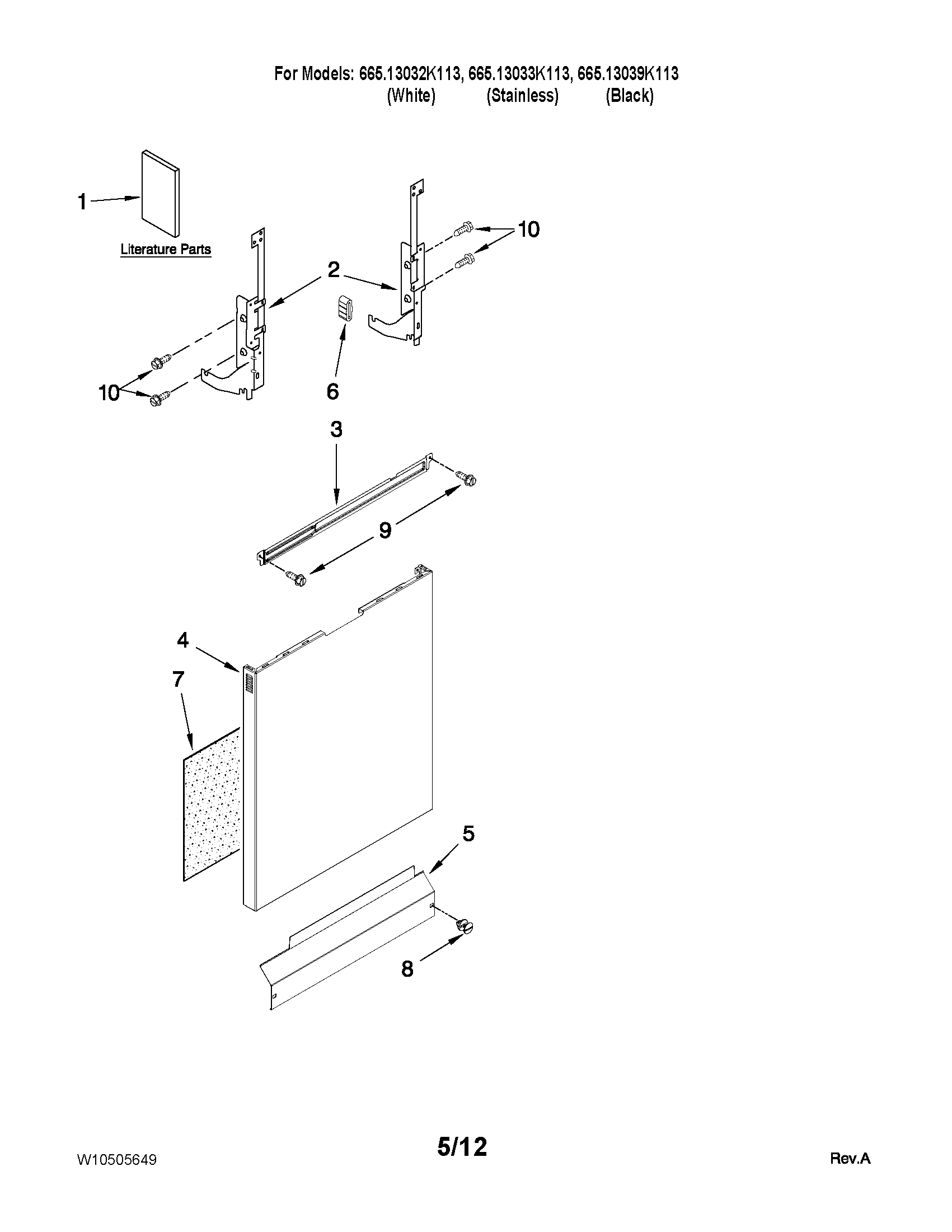 Kenmore 66513039K113 door and panel parts diagram