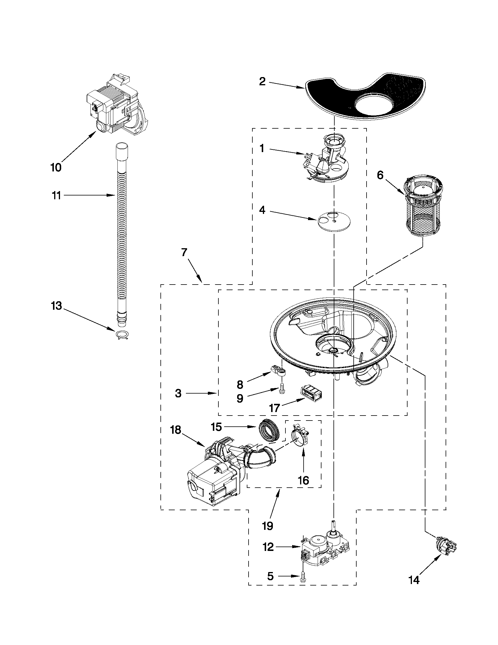 Kenmore 66513043K113 pump, washarm and motor parts diagram