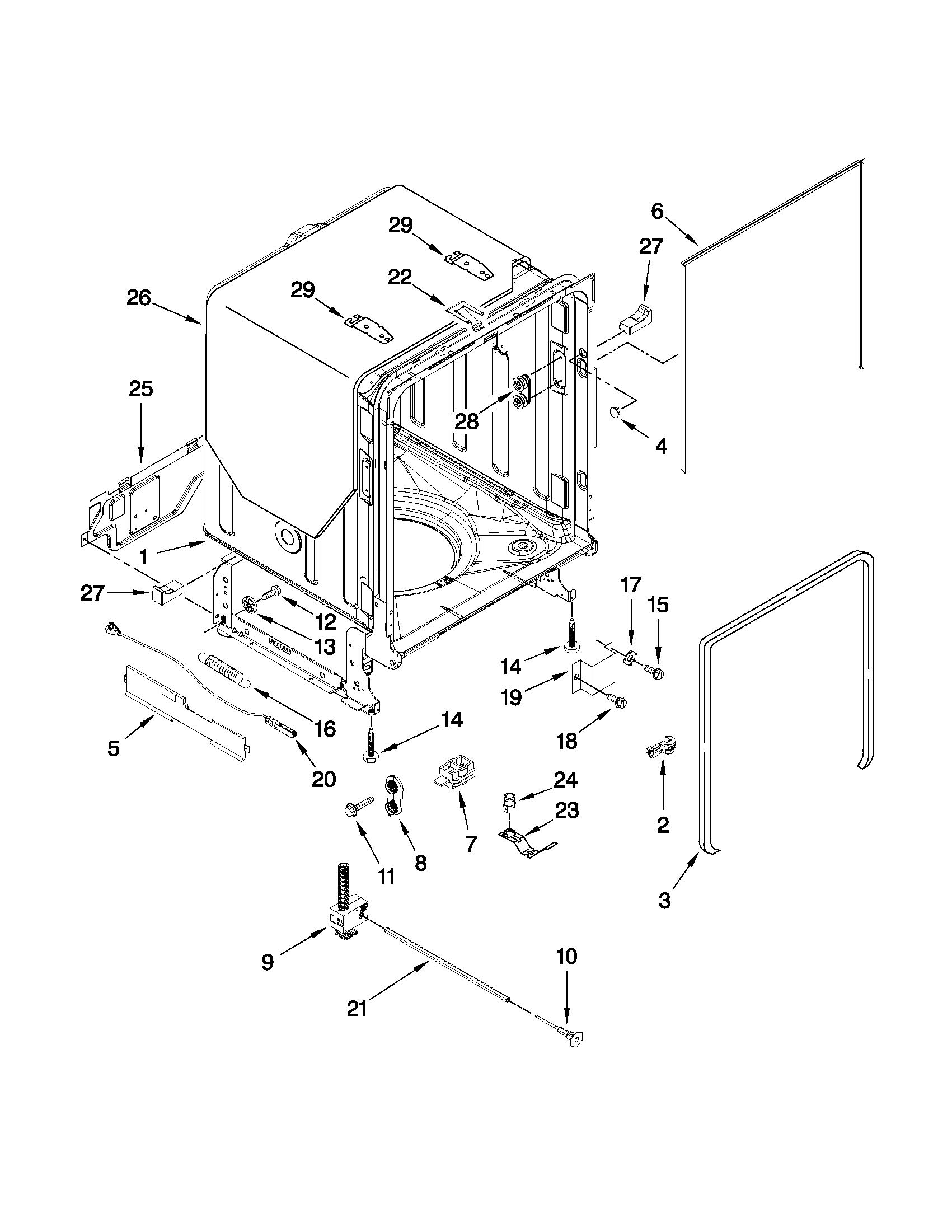 Kenmore Elite 66513933K010 tub and frame parts diagram