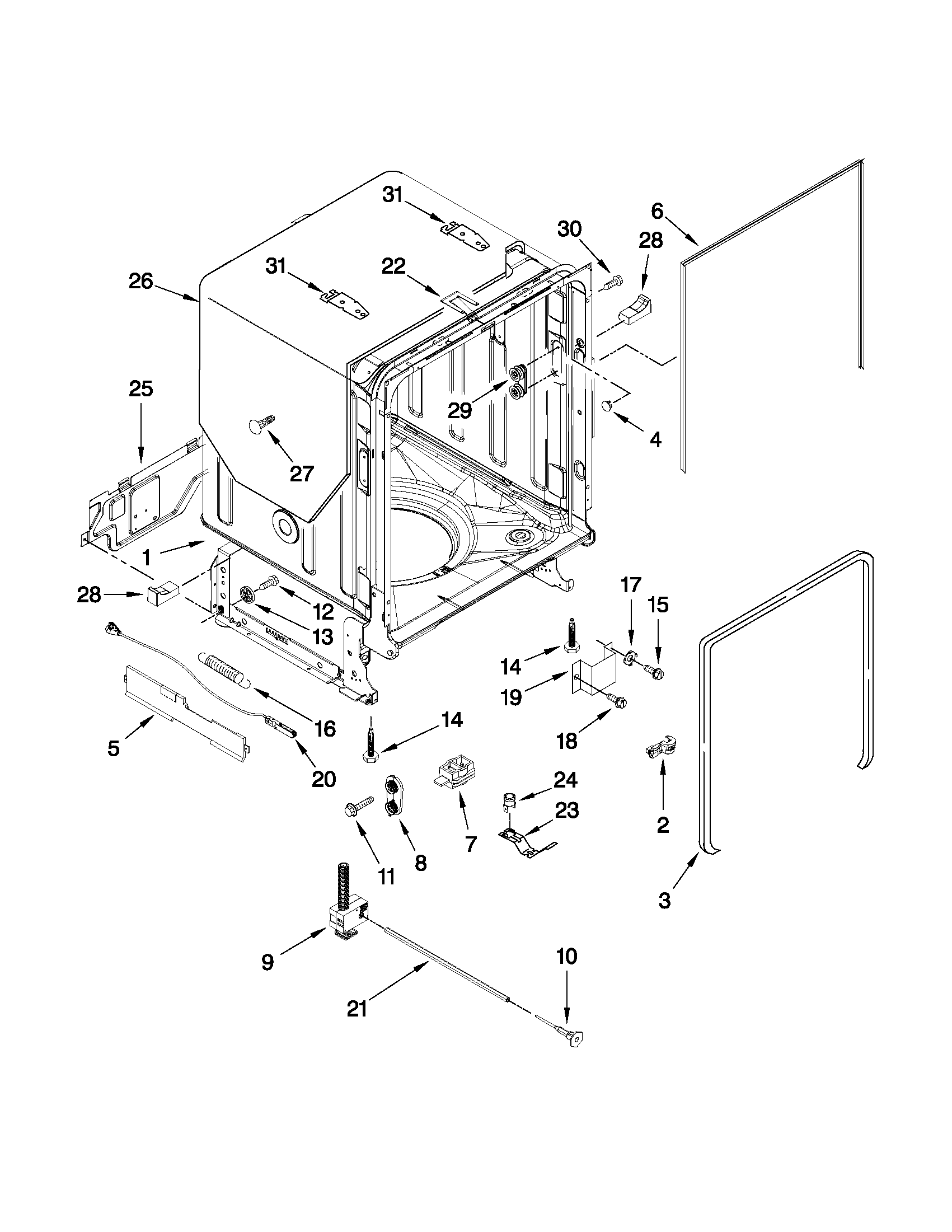 Kenmore Elite 66513969K011 tub and frame parts diagram