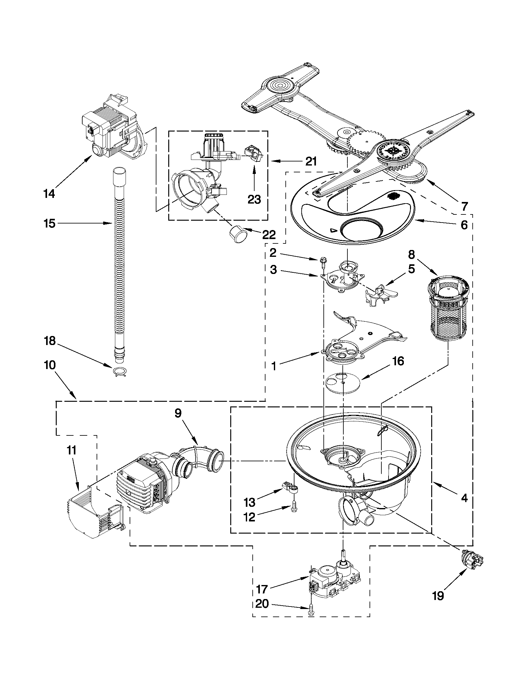 Kenmore Elite 66513969K011 pump, washarm and motor parts diagram
