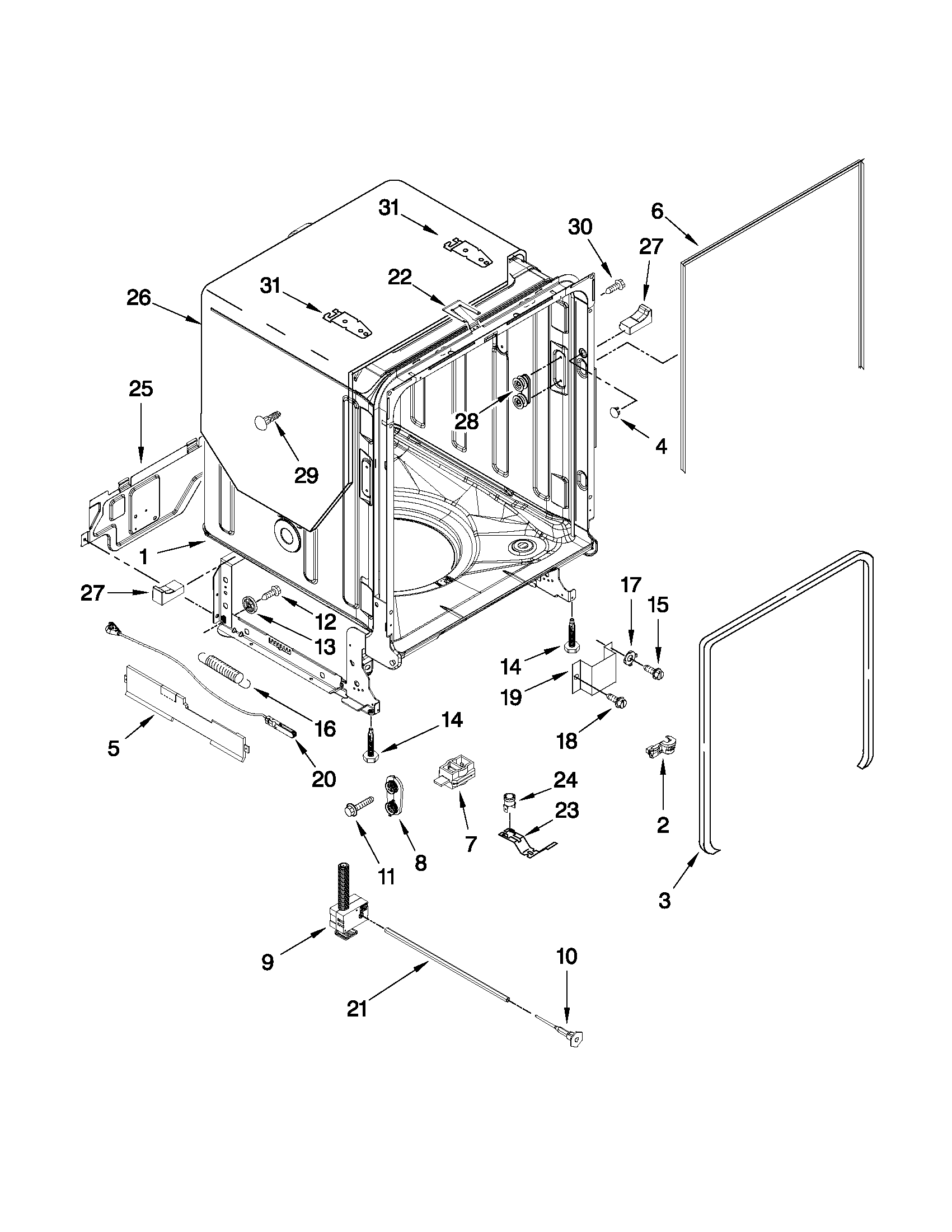 Kenmore Elite 66513944K012 tub and frame parts diagram