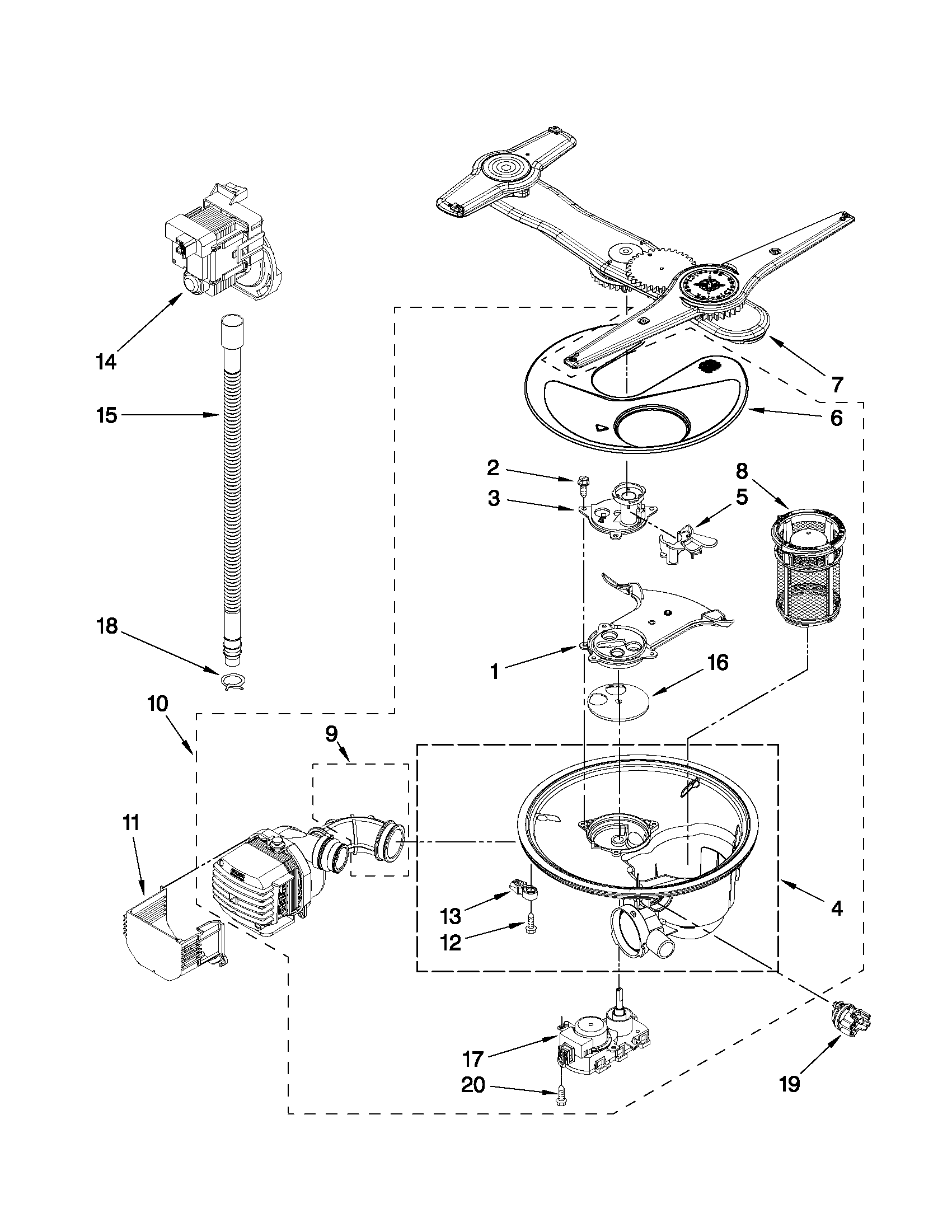 Kenmore Elite 66513944K012 pump, washarm and motor parts diagram