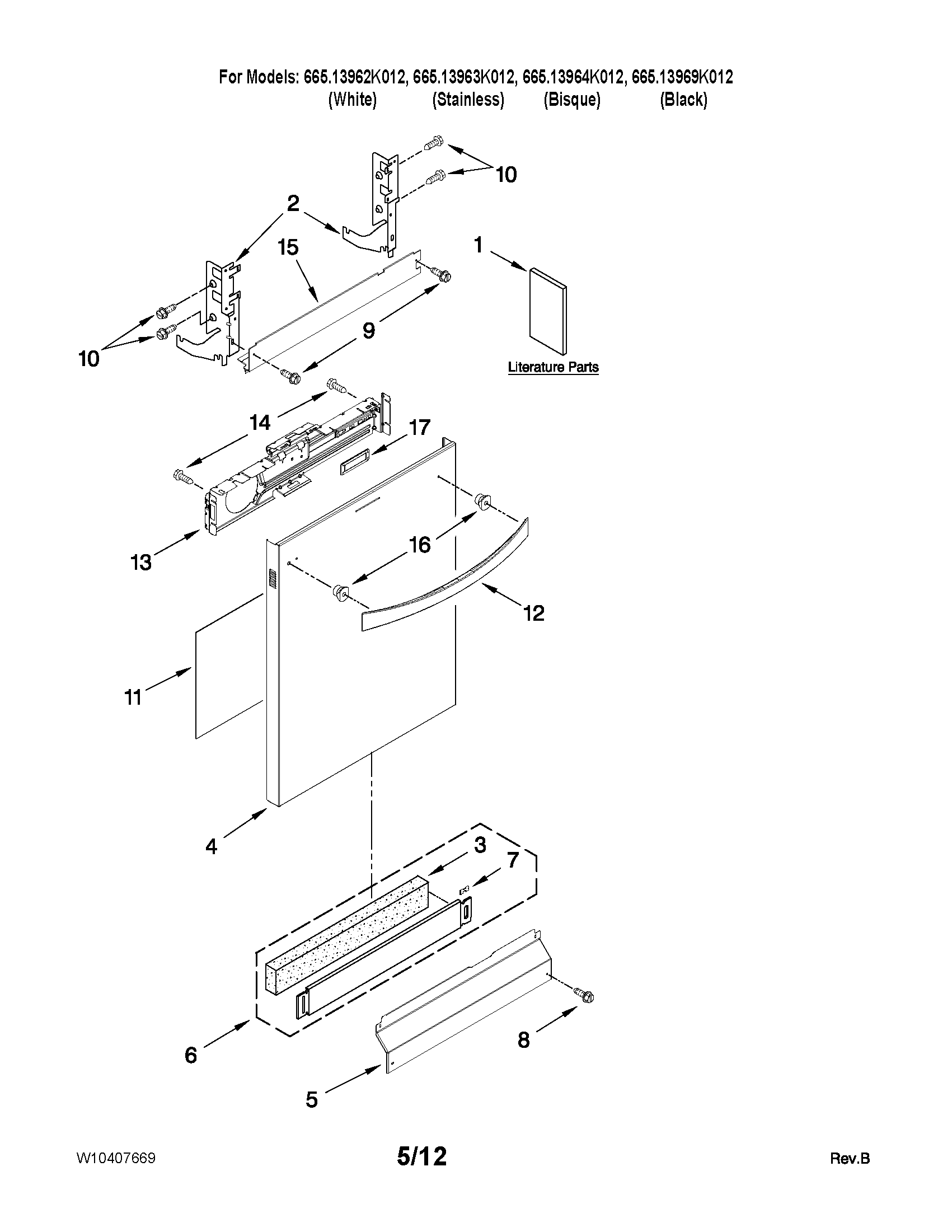 Kenmore Elite 66513969K012 door and panel parts diagram