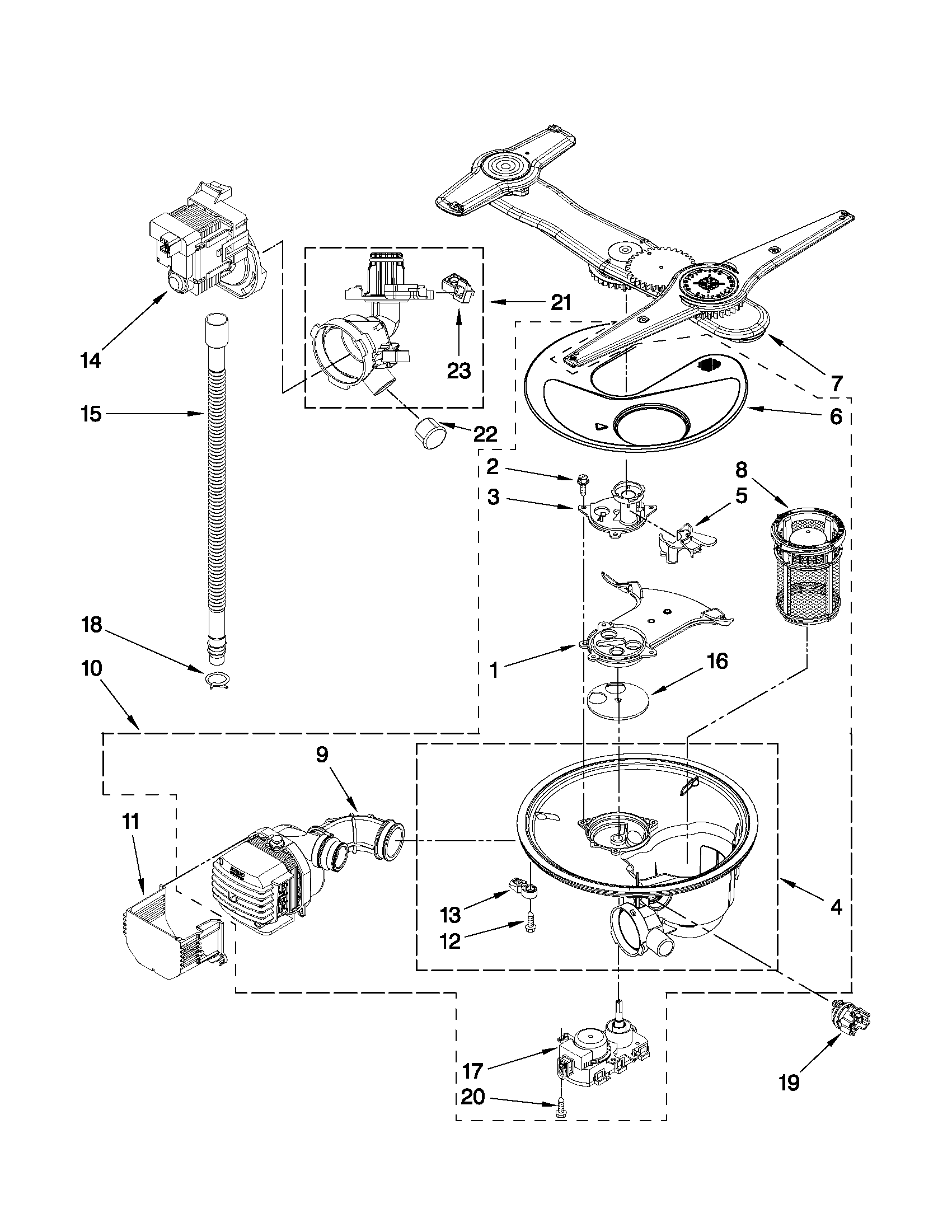 Kenmore Elite 66513969K012 pump, washarm and motor parts diagram