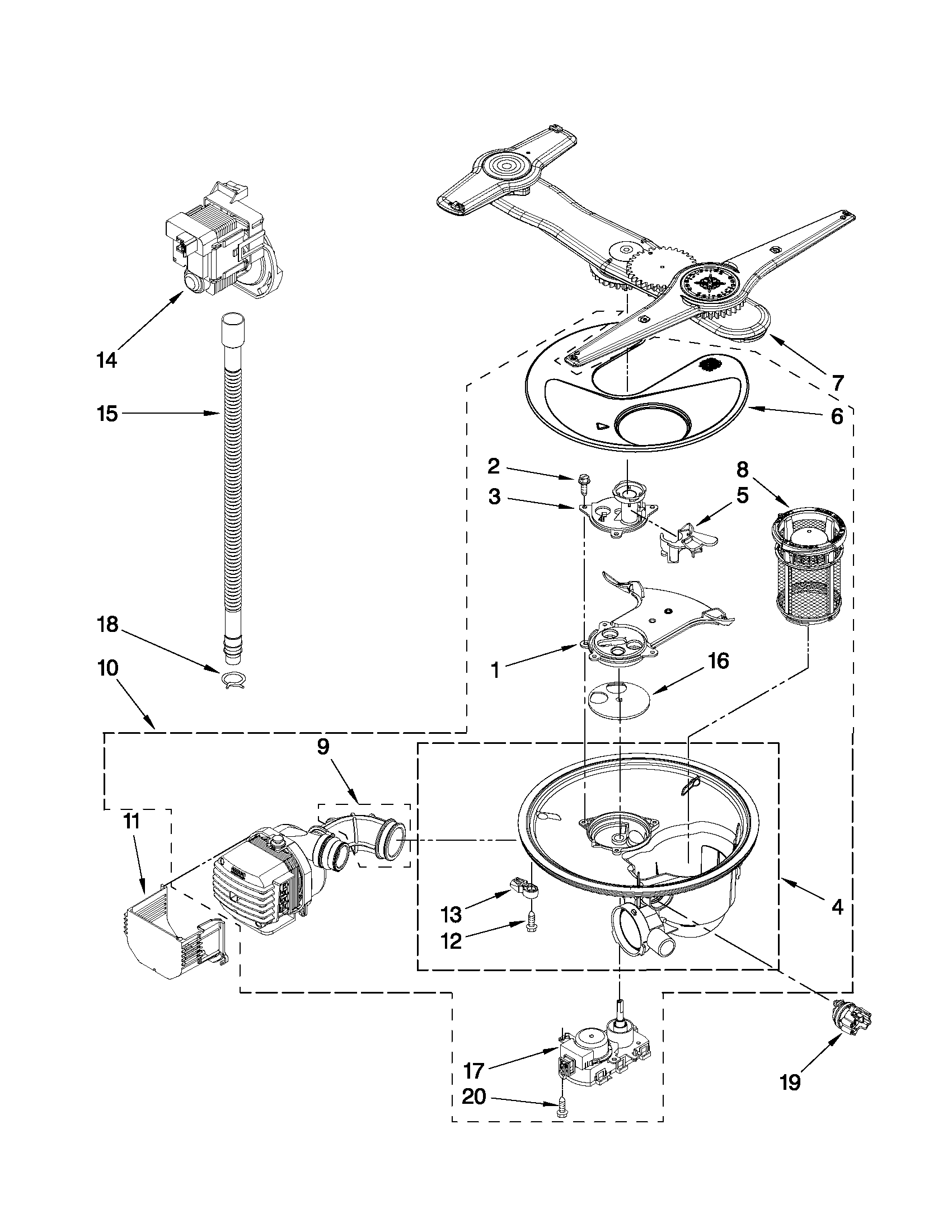 Kenmore Elite 66513943K013 pump, washarm and motor parts diagram