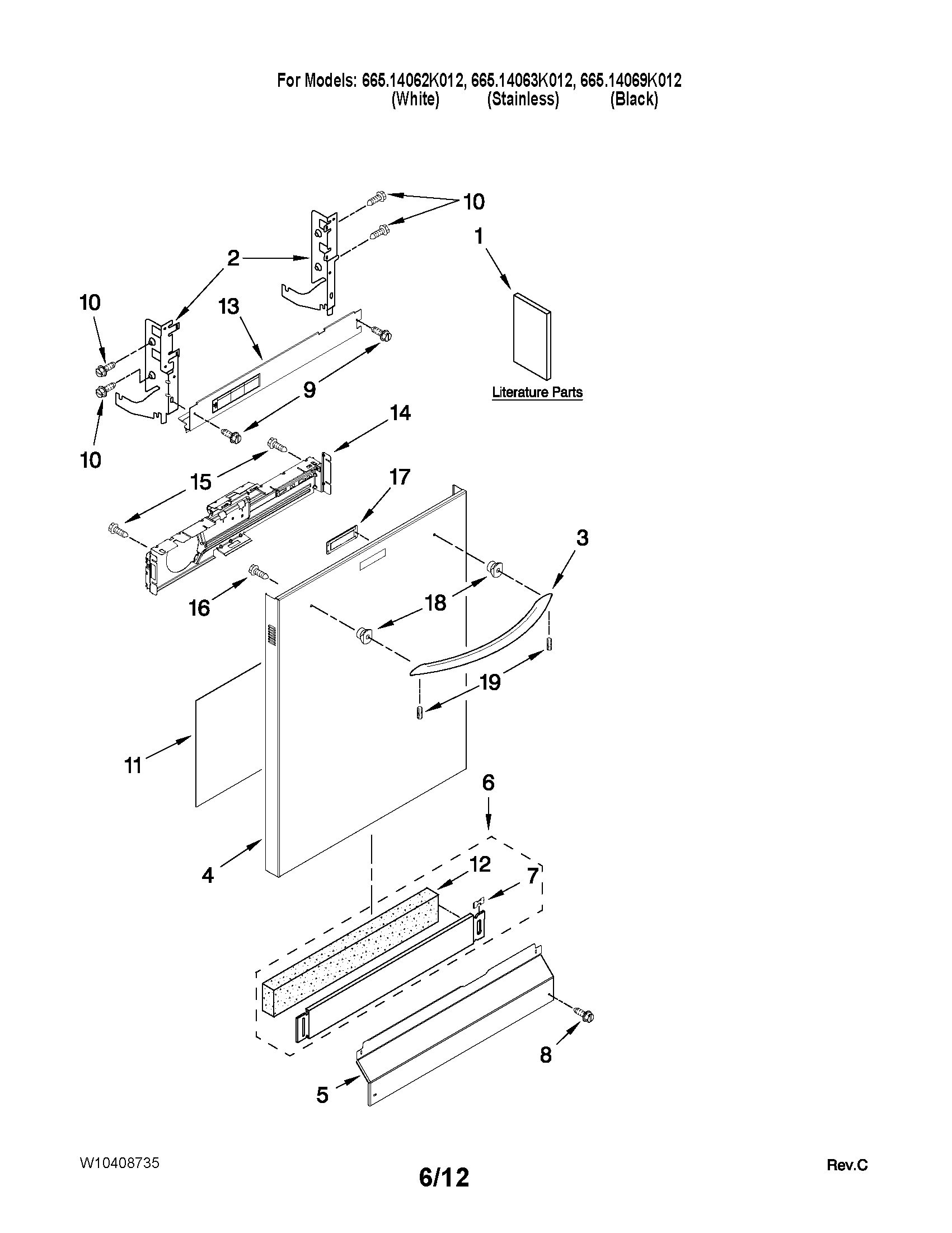 Kenmore 66514062K012 door and panel parts diagram