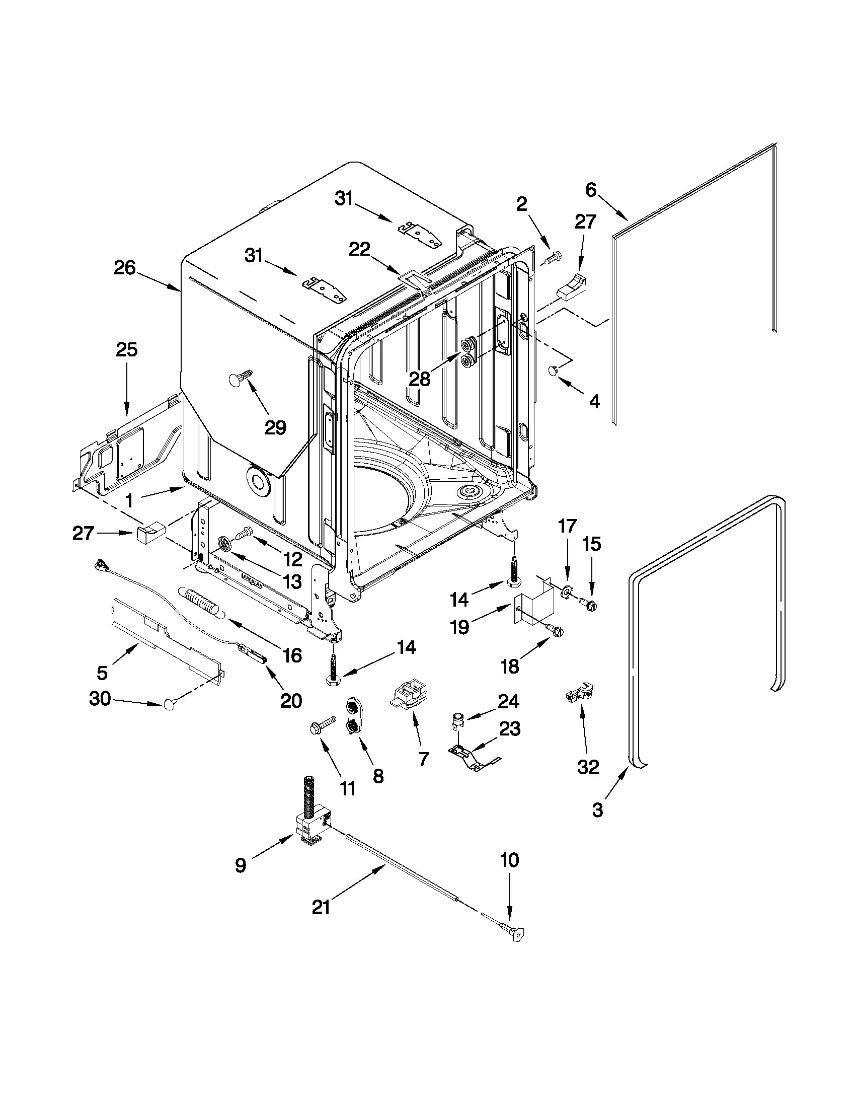 Kenmore Elite 66513949K017 tub and frame parts diagram