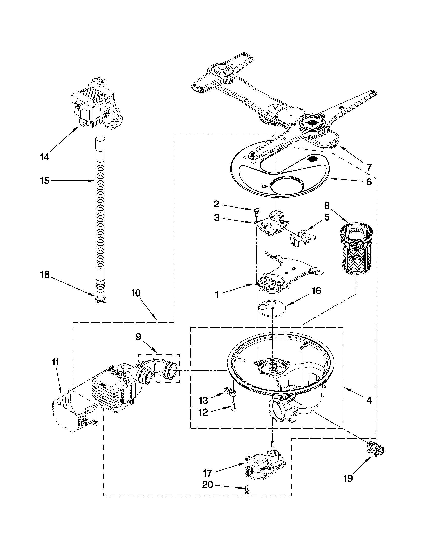 Kenmore Elite 66513939K017 pump, washarm and motor parts diagram