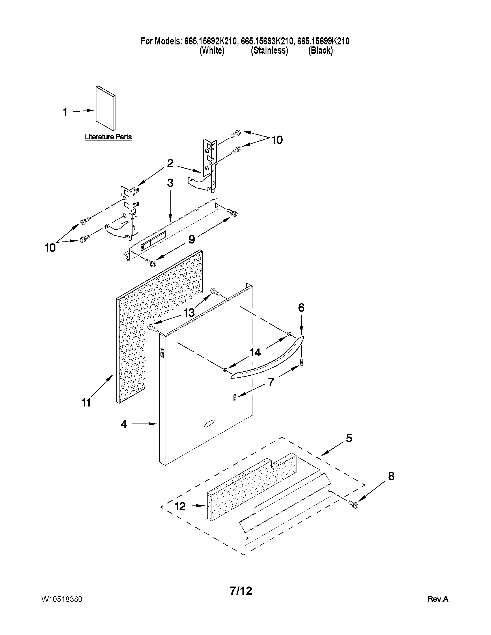 Kenmore 66515693K210 door and panel parts diagram