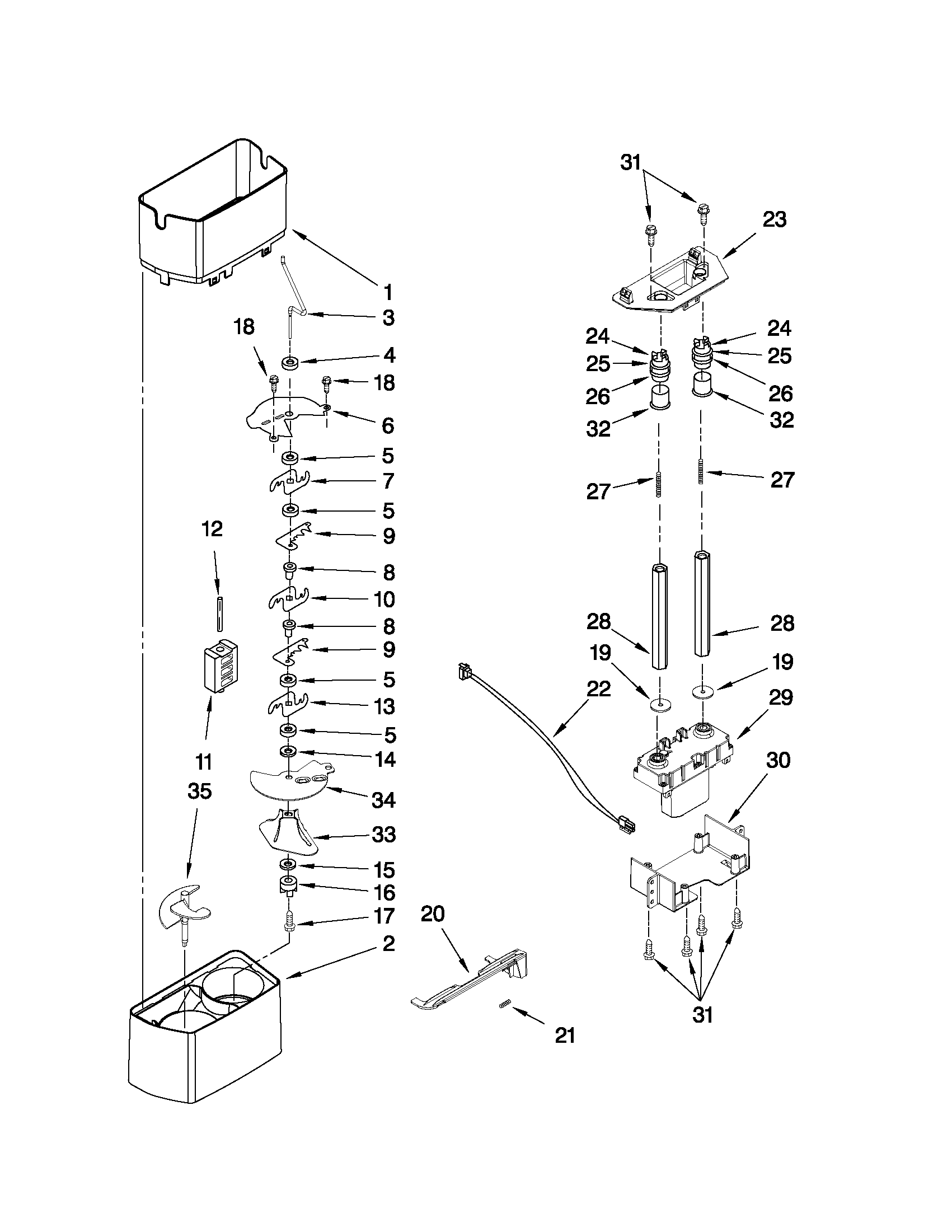 Kenmore Elite 10658714803 motor and ice container parts diagram