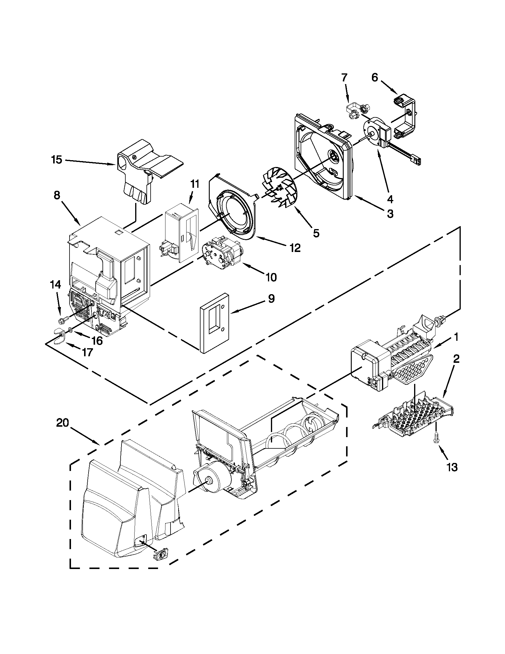Kenmore 59679242016 motor and ice container parts diagram