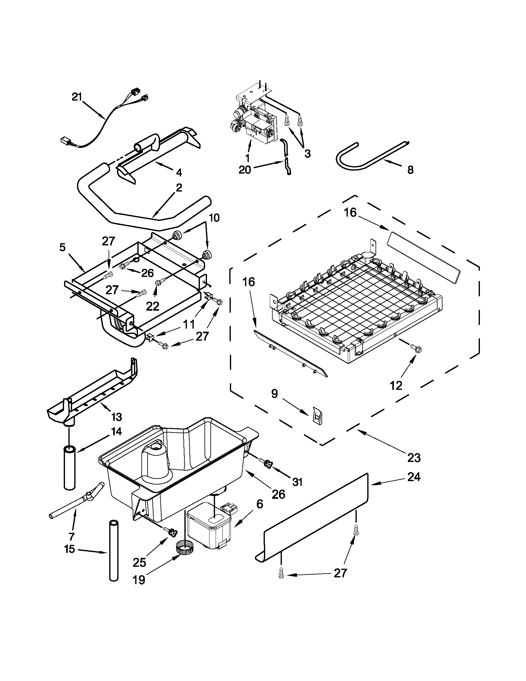 Kenmore 10689583707 evaporator, grid, and water parts diagram