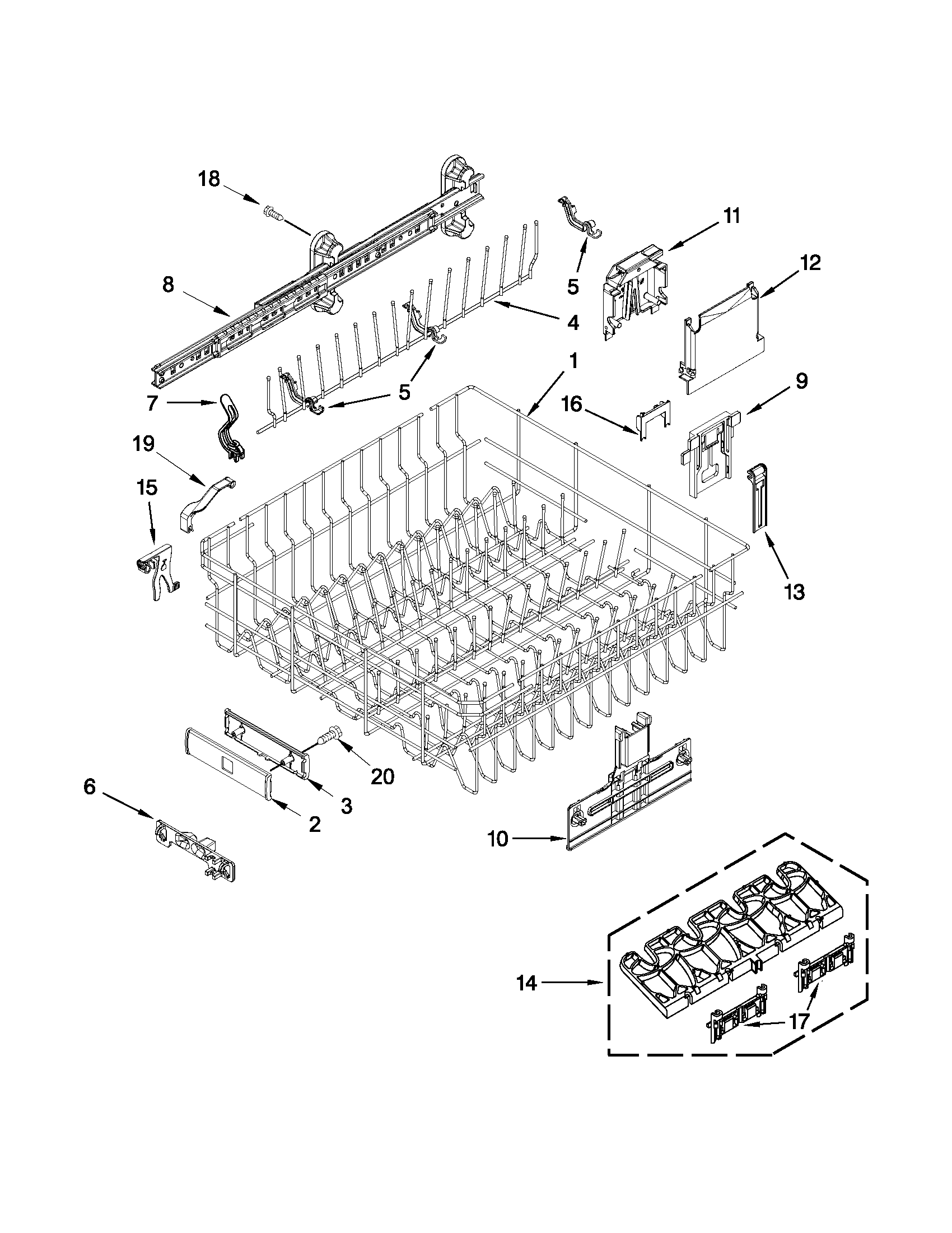 Kenmore Elite 66512782K310 upper rack and track parts diagram