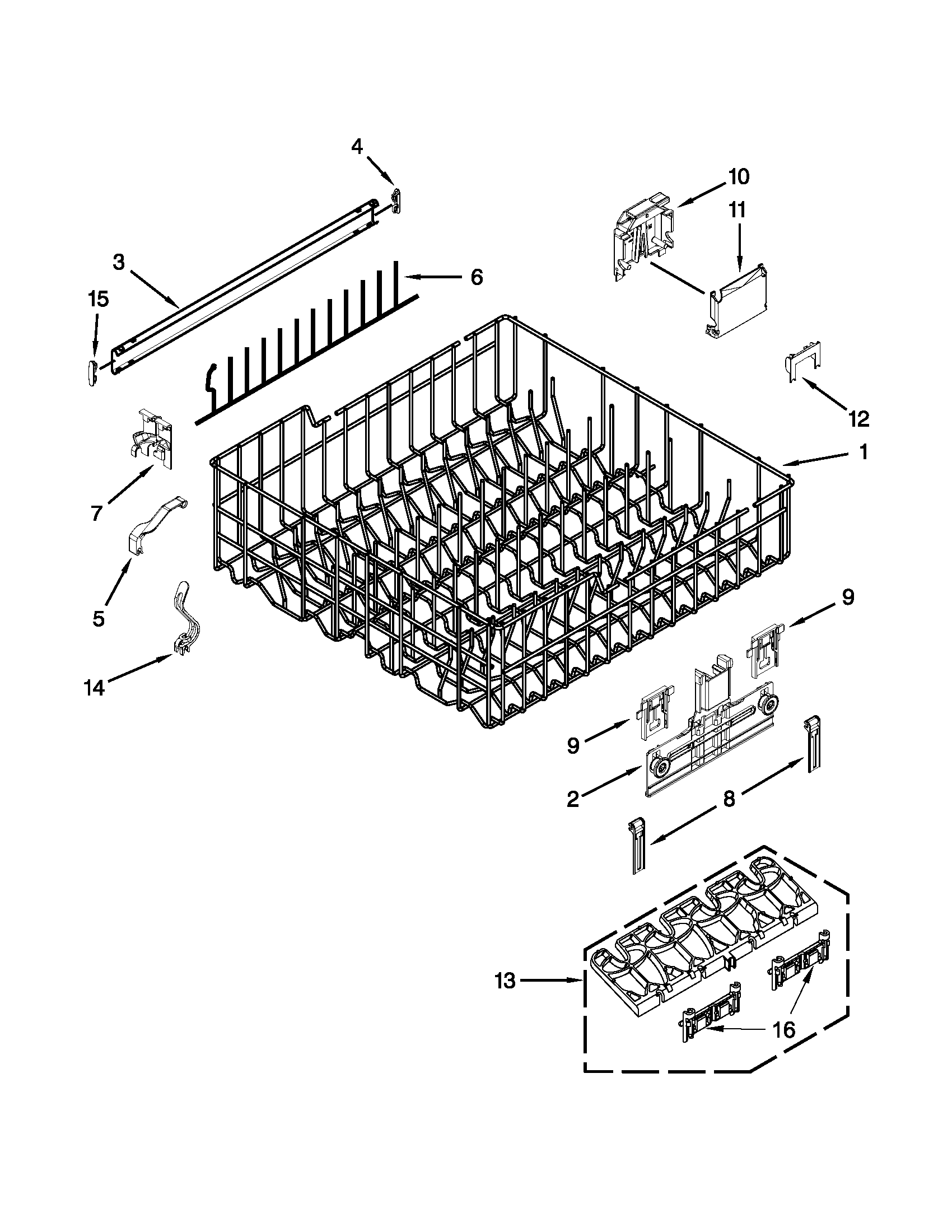 Kenmore 66513269K113 upper rack and track parts diagram