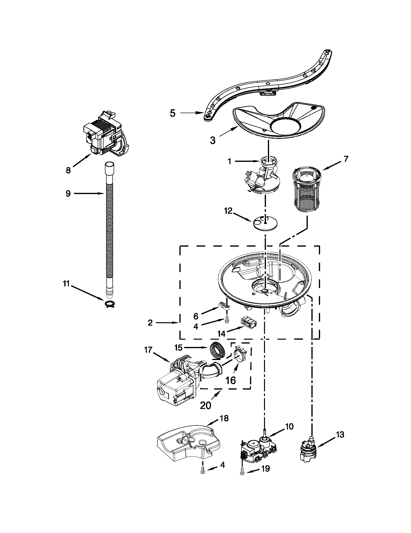 Kenmore 66513293K115 pump, washarm and motor parts diagram