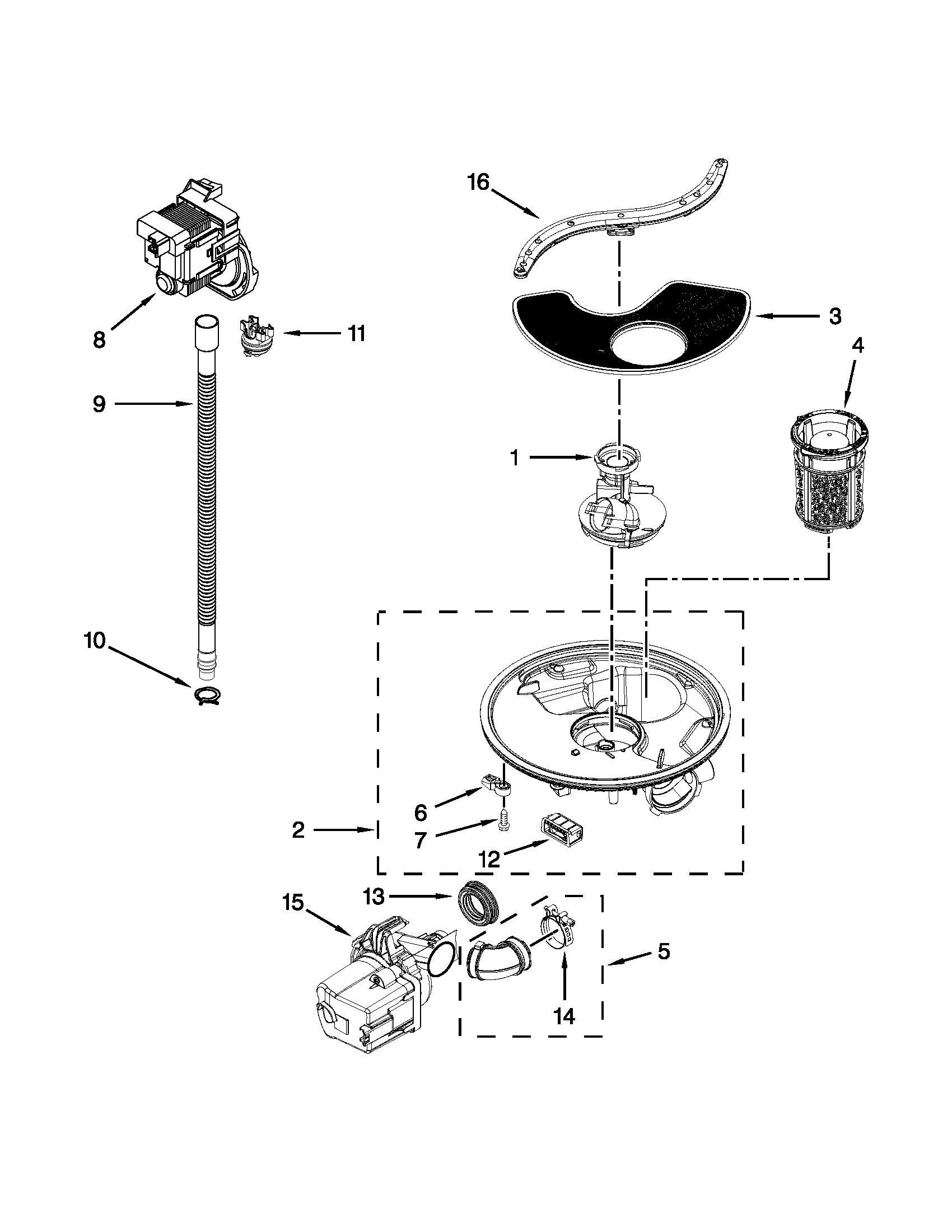 Kenmore 66515113K212 pump, washarm and motor parts diagram