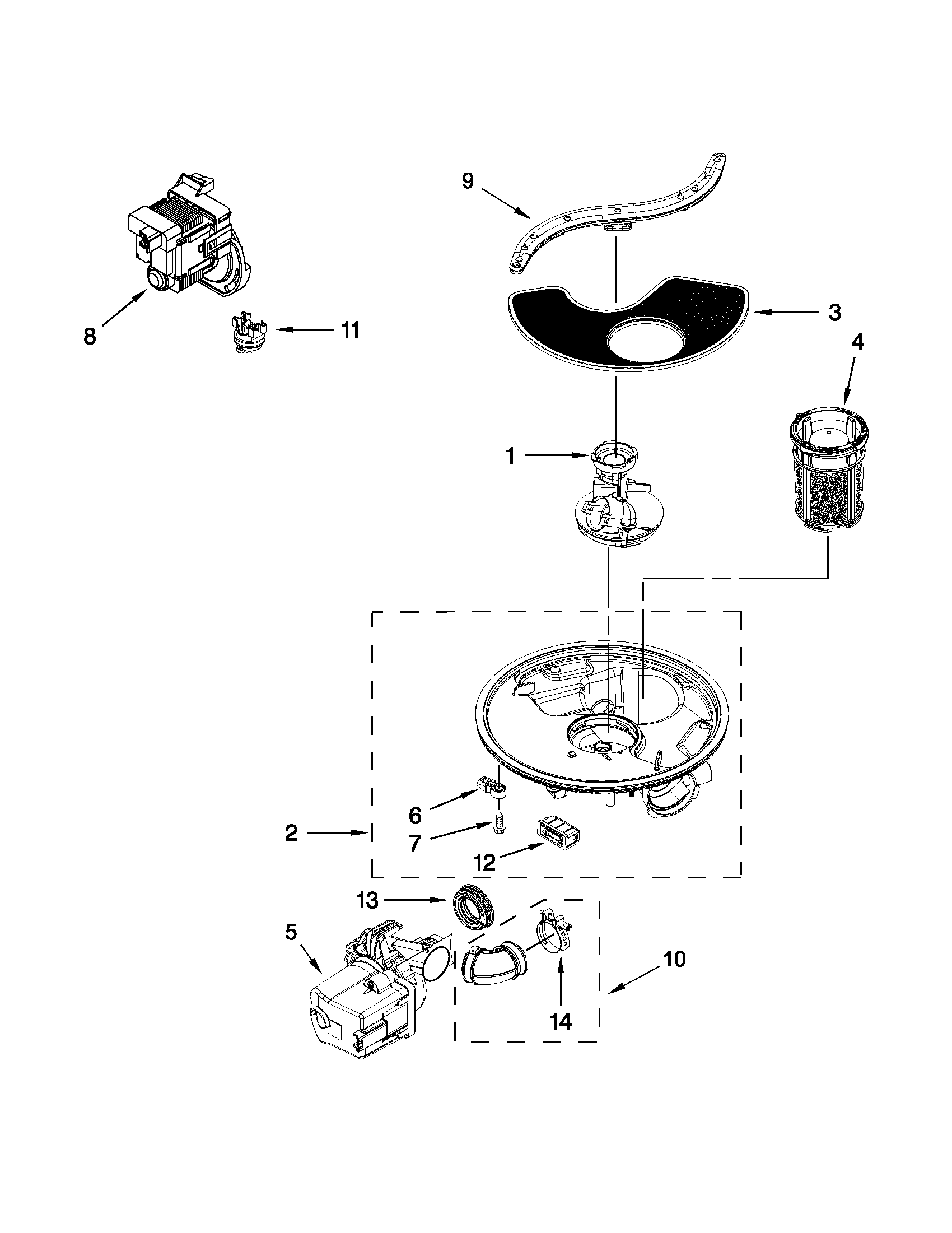 Kenmore 66517152K211 pump, washarm and motor parts diagram