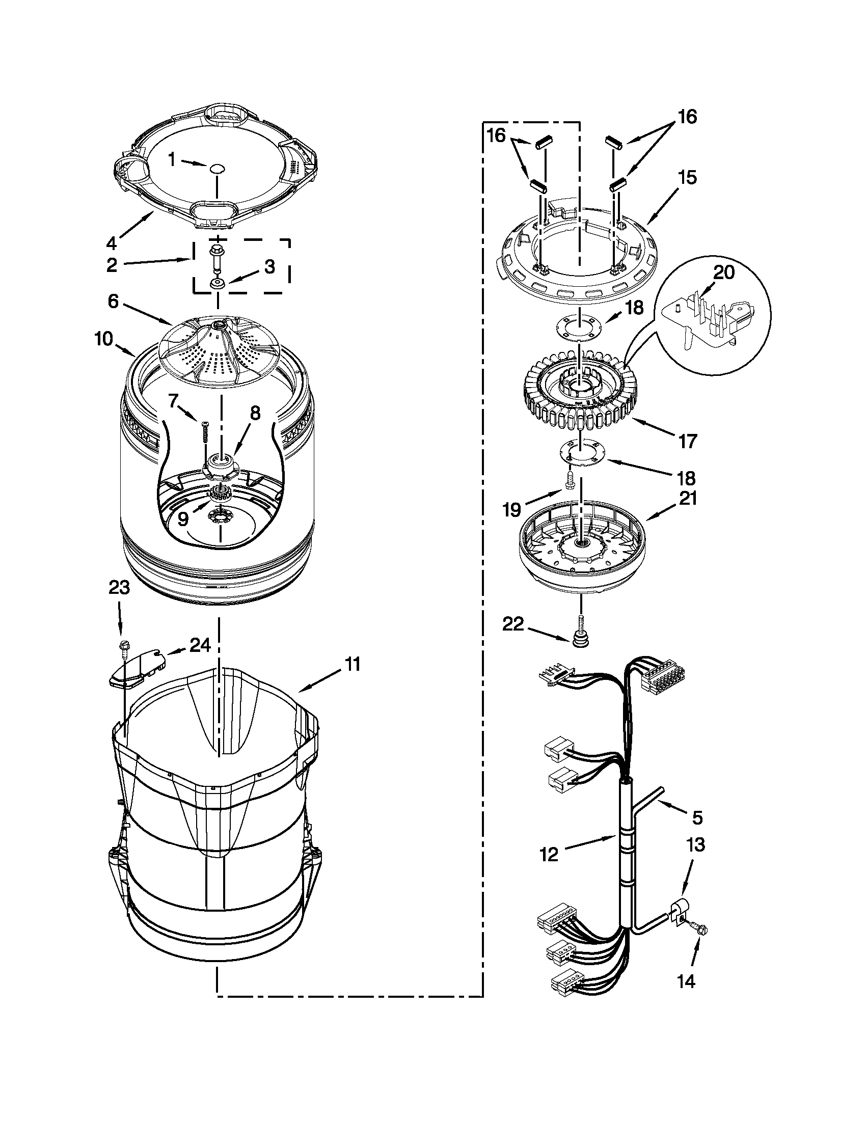 Kenmore 11028102310 motor, basket and tub parts diagram
