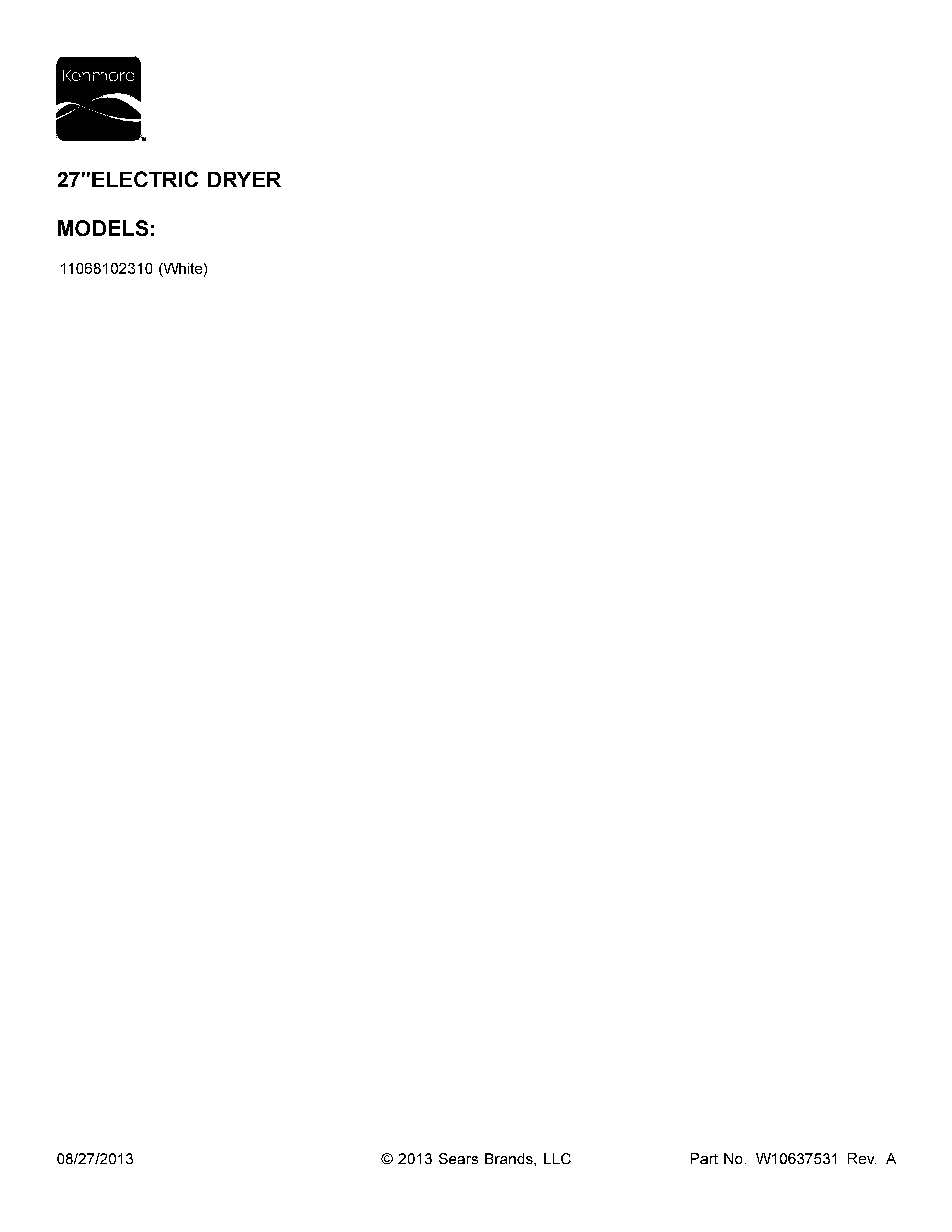 Kenmore 11068102310 cover sheet diagram