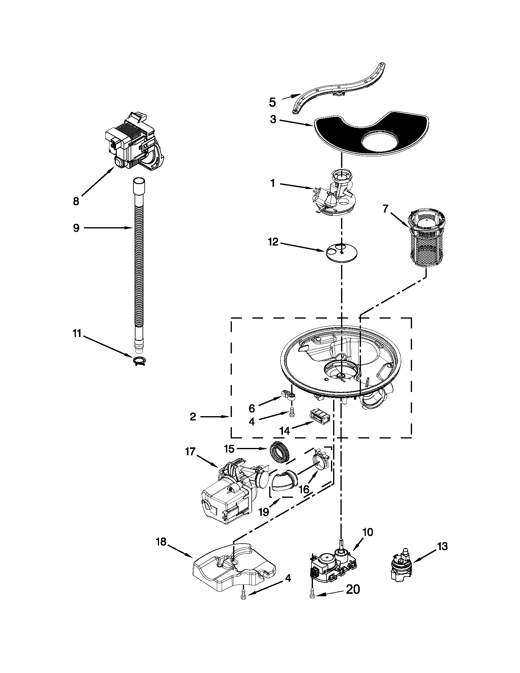 Kenmore 66513262K114 pump, washarm and motor parts diagram