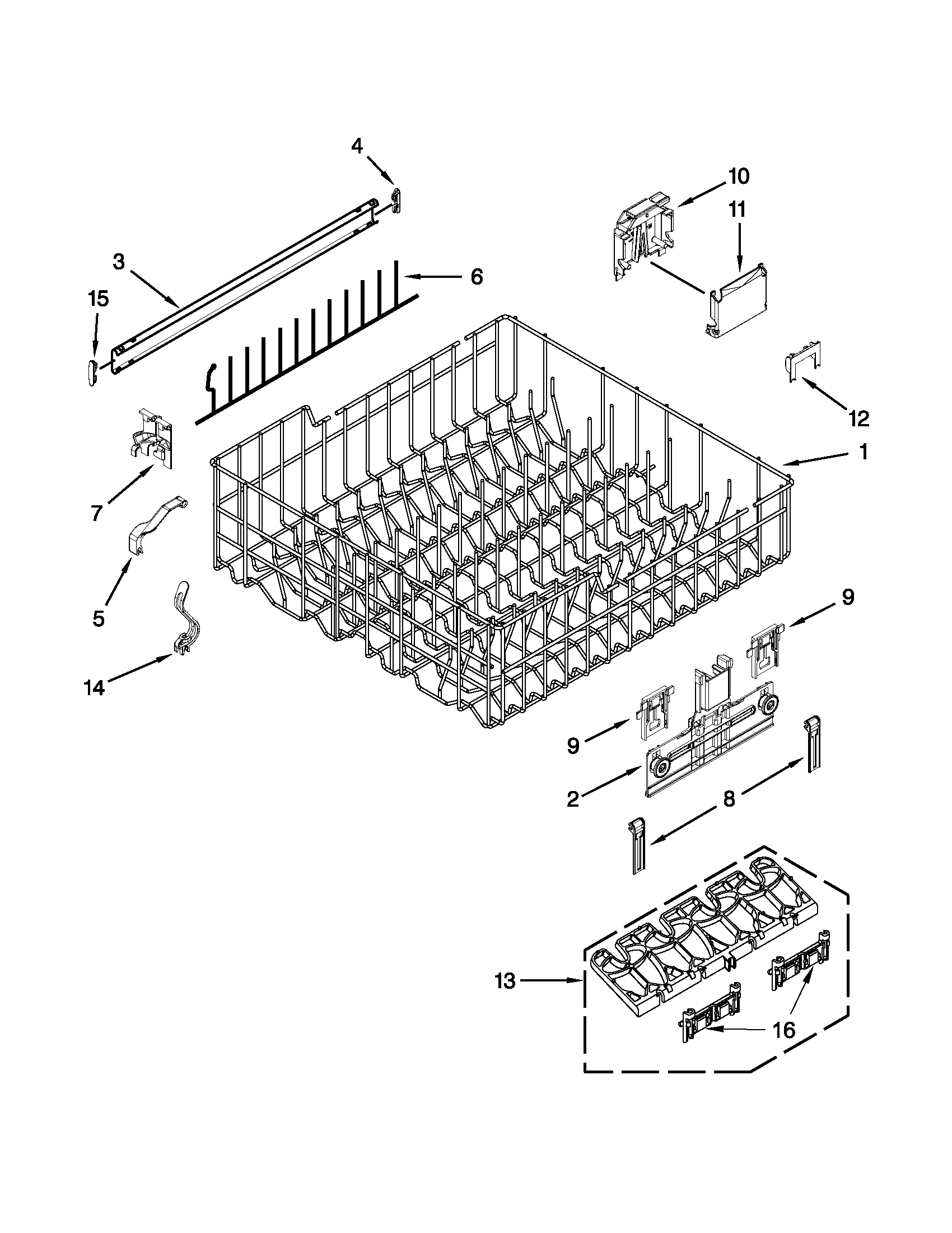 Kenmore 66513262K114 upper rack and track parts diagram