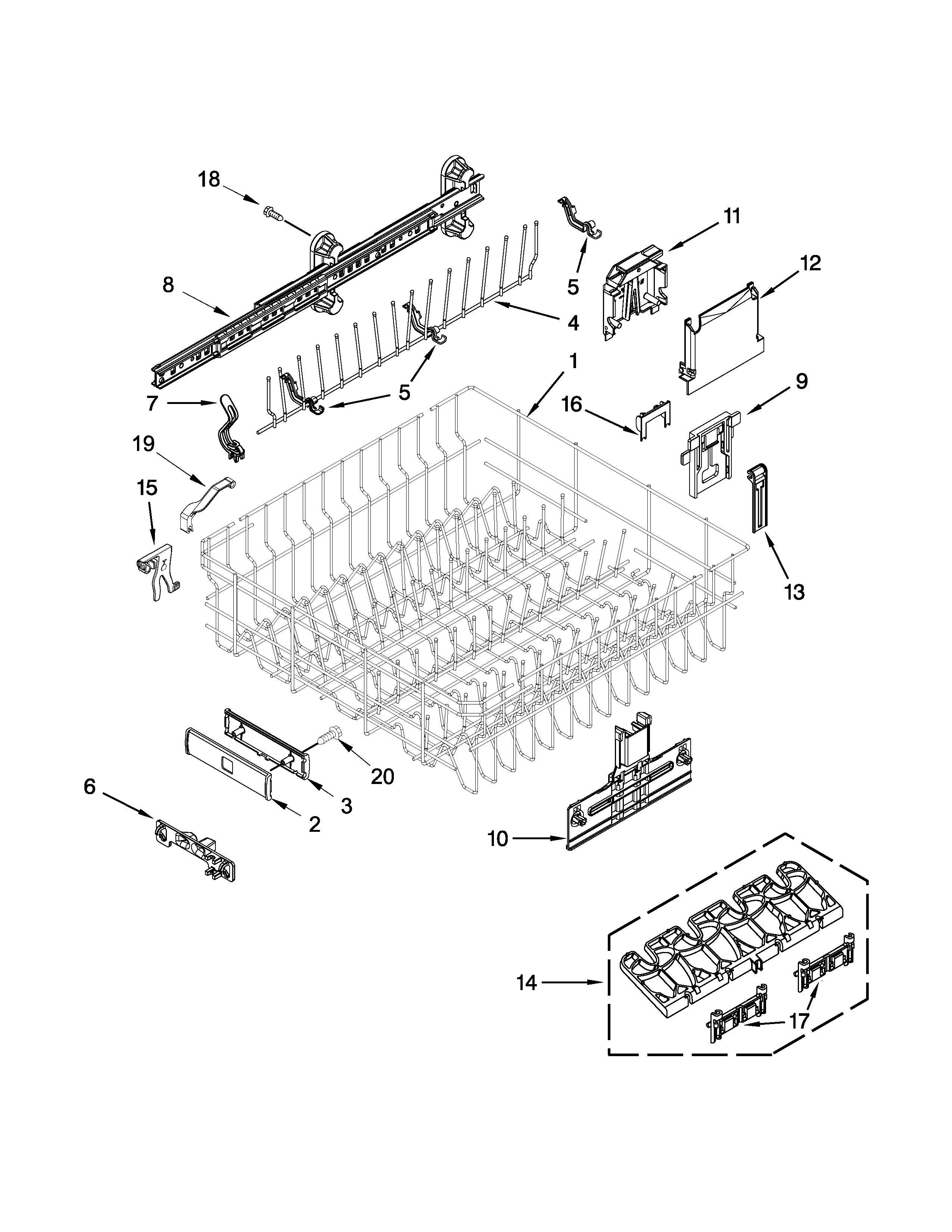Kenmore Elite 66512783K311 upper rack and track parts diagram