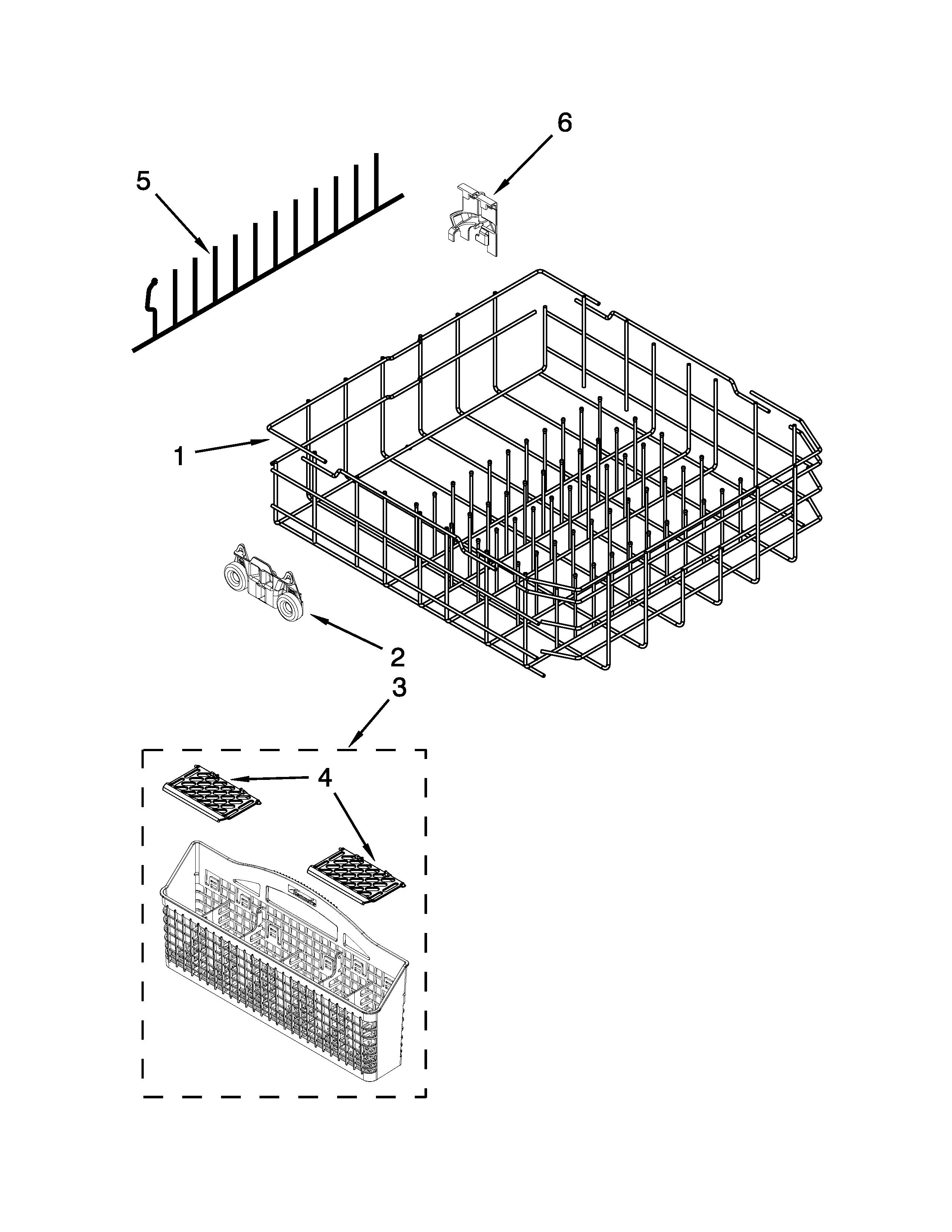Kenmore 66513043K116 lower rack parts diagram