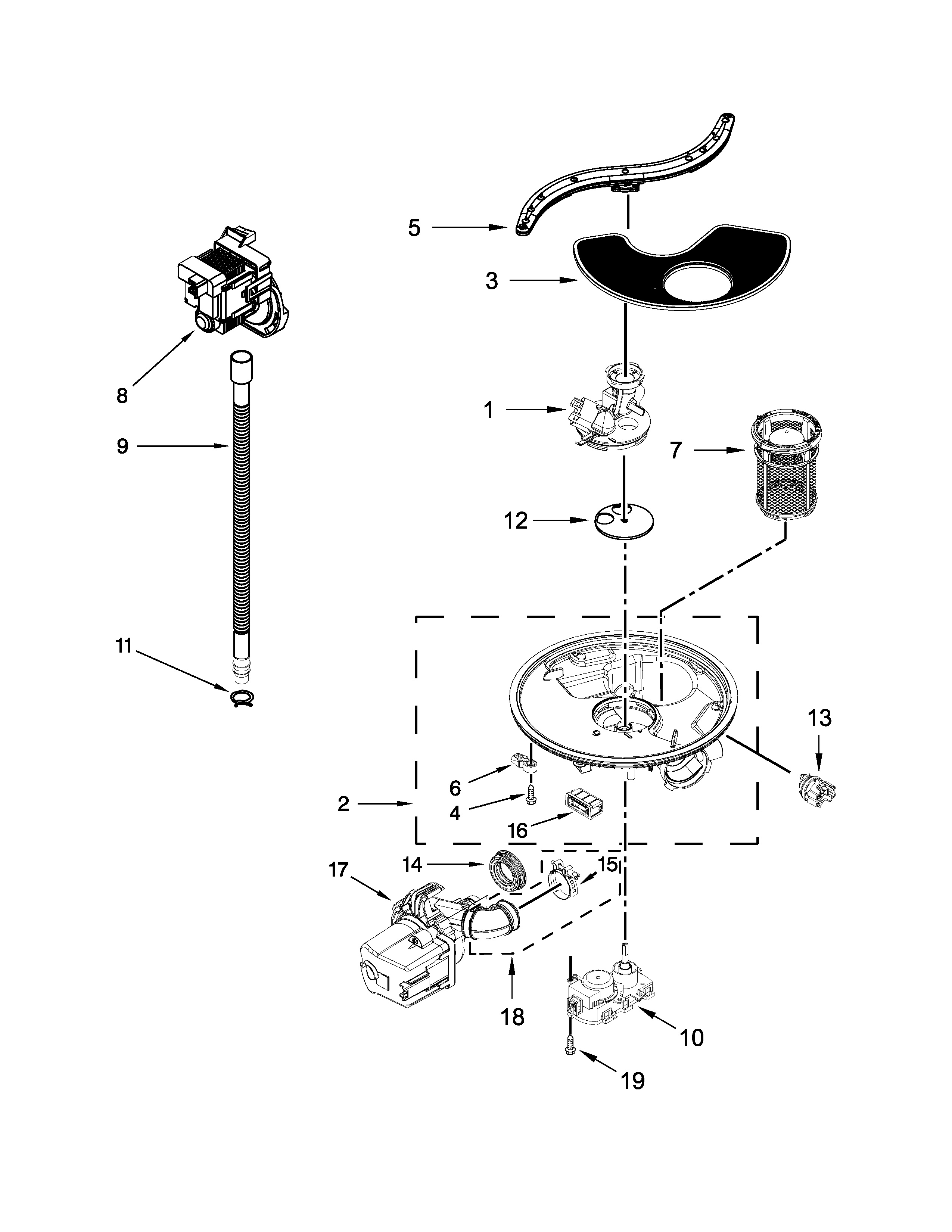 Kenmore 66513273K118 pump, washarm and motor parts diagram