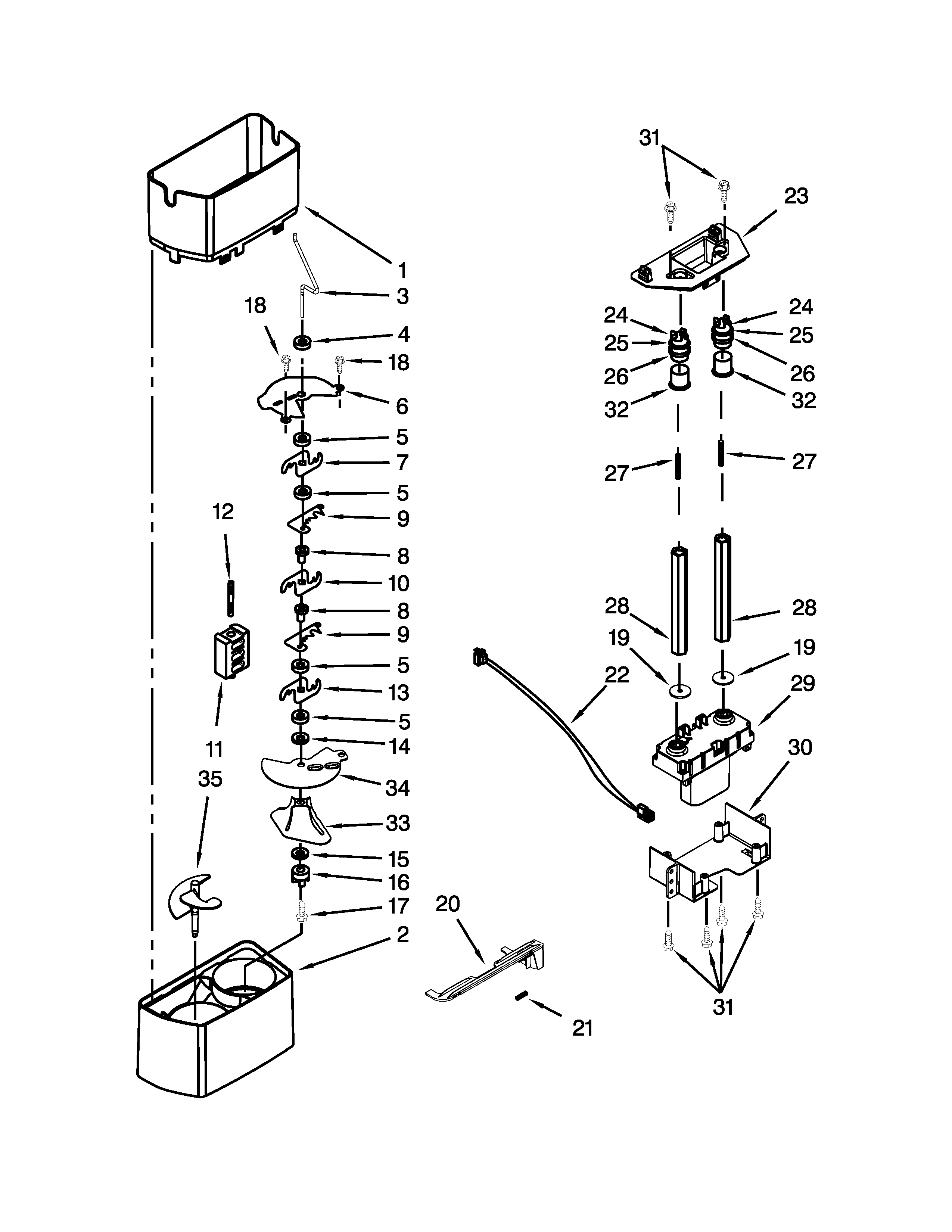 Kenmore Elite 10654786801 motor and ice container parts diagram