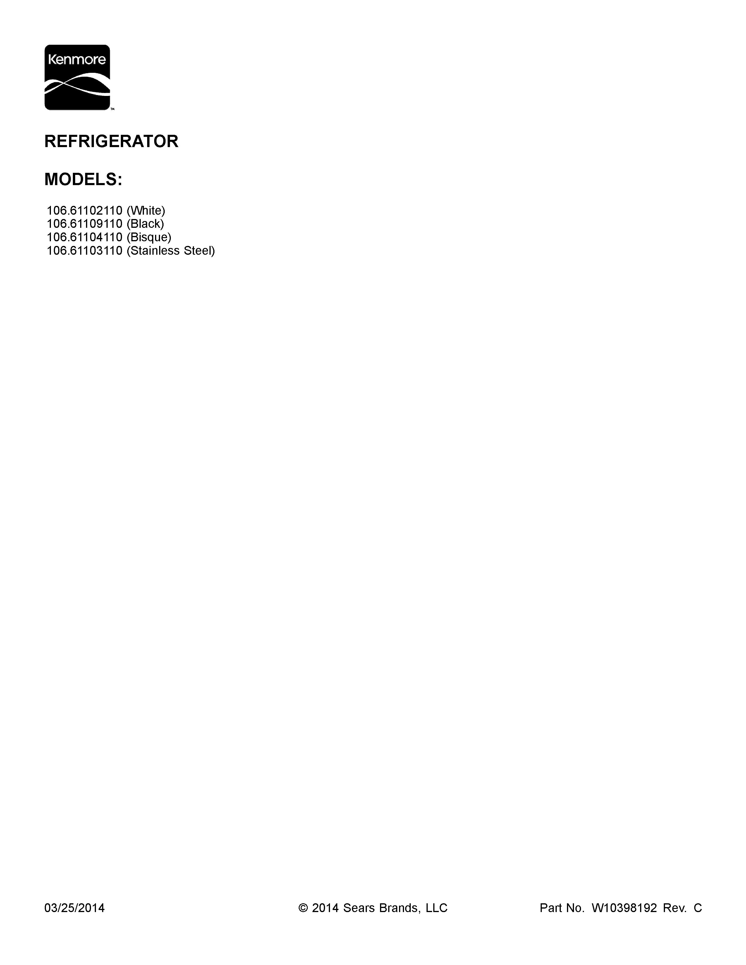 Kenmore 10661102110 cover sheet diagram