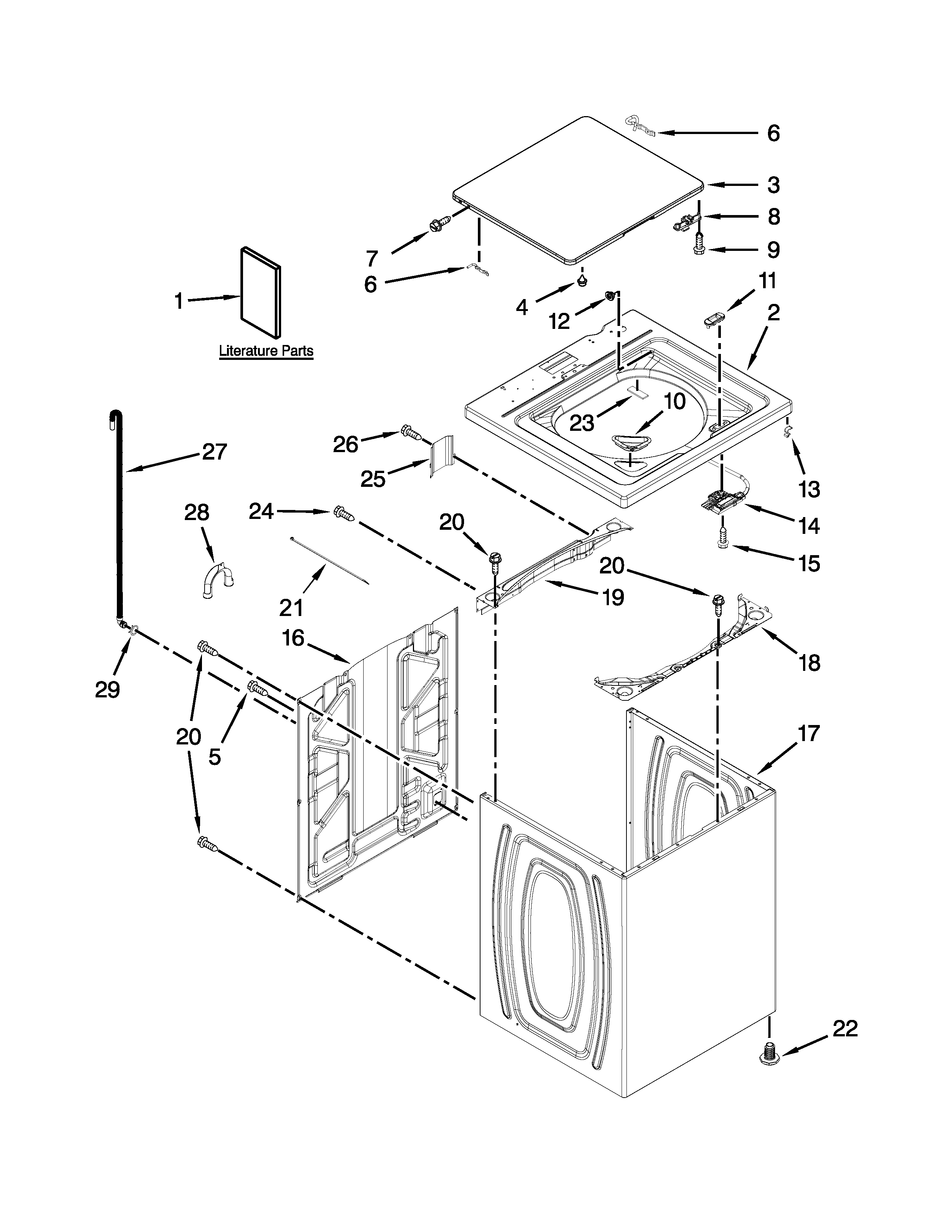 Kenmore 11022102311 top and cabinet parts diagram