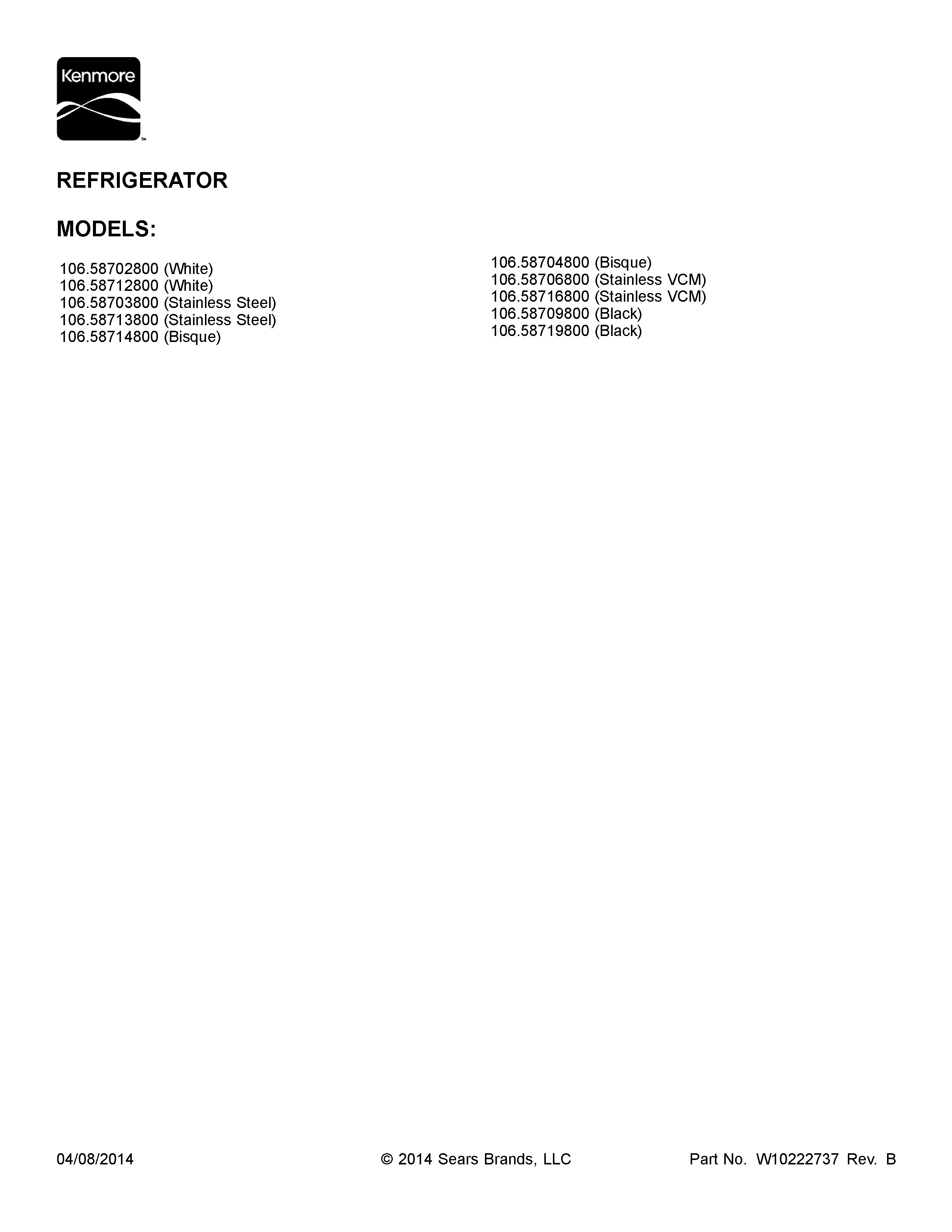 Kenmore Elite 10658714800 cover sheet diagram