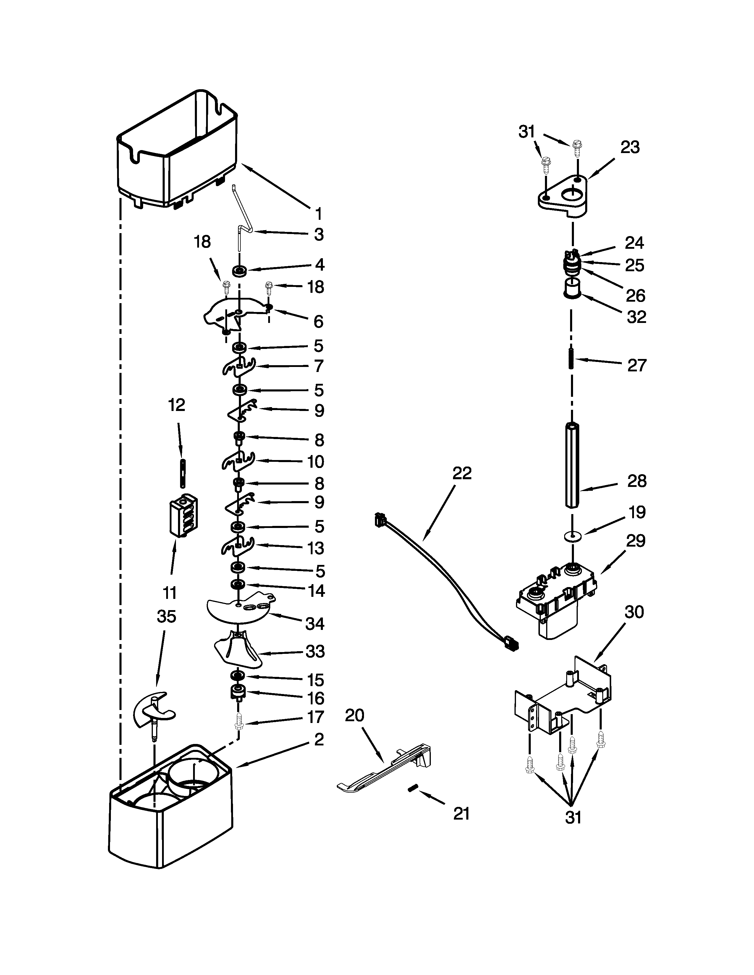Kenmore Elite 10658714800 motor and ice container parts diagram
