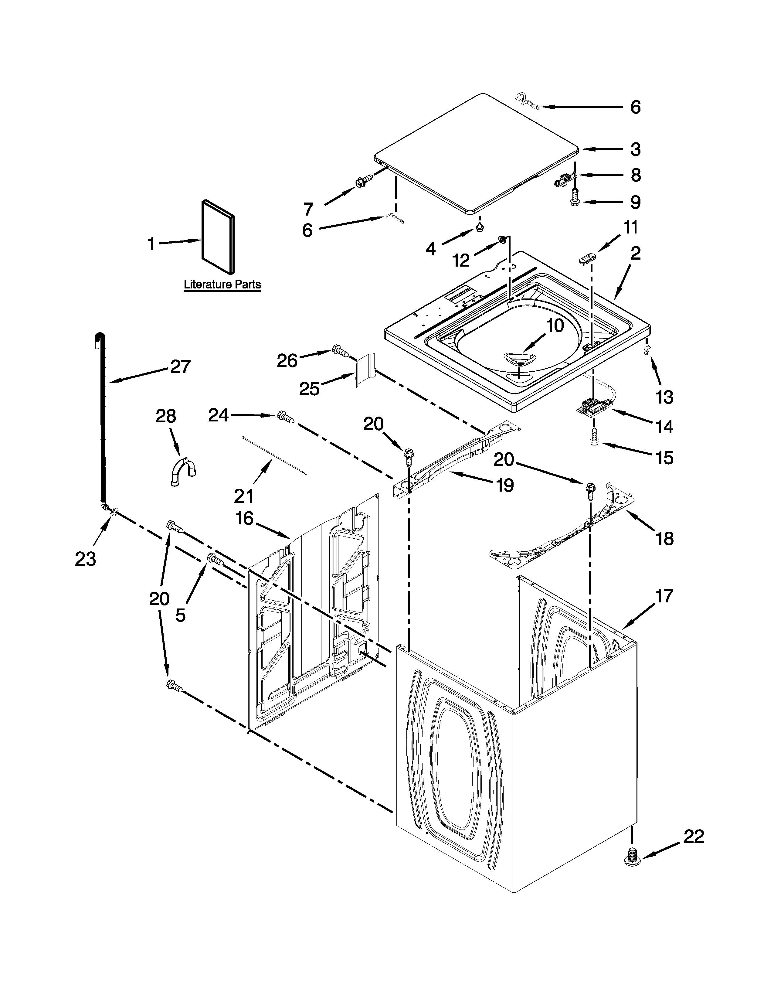Kenmore 7MKTWS300DW0 top and cabinet parts diagram
