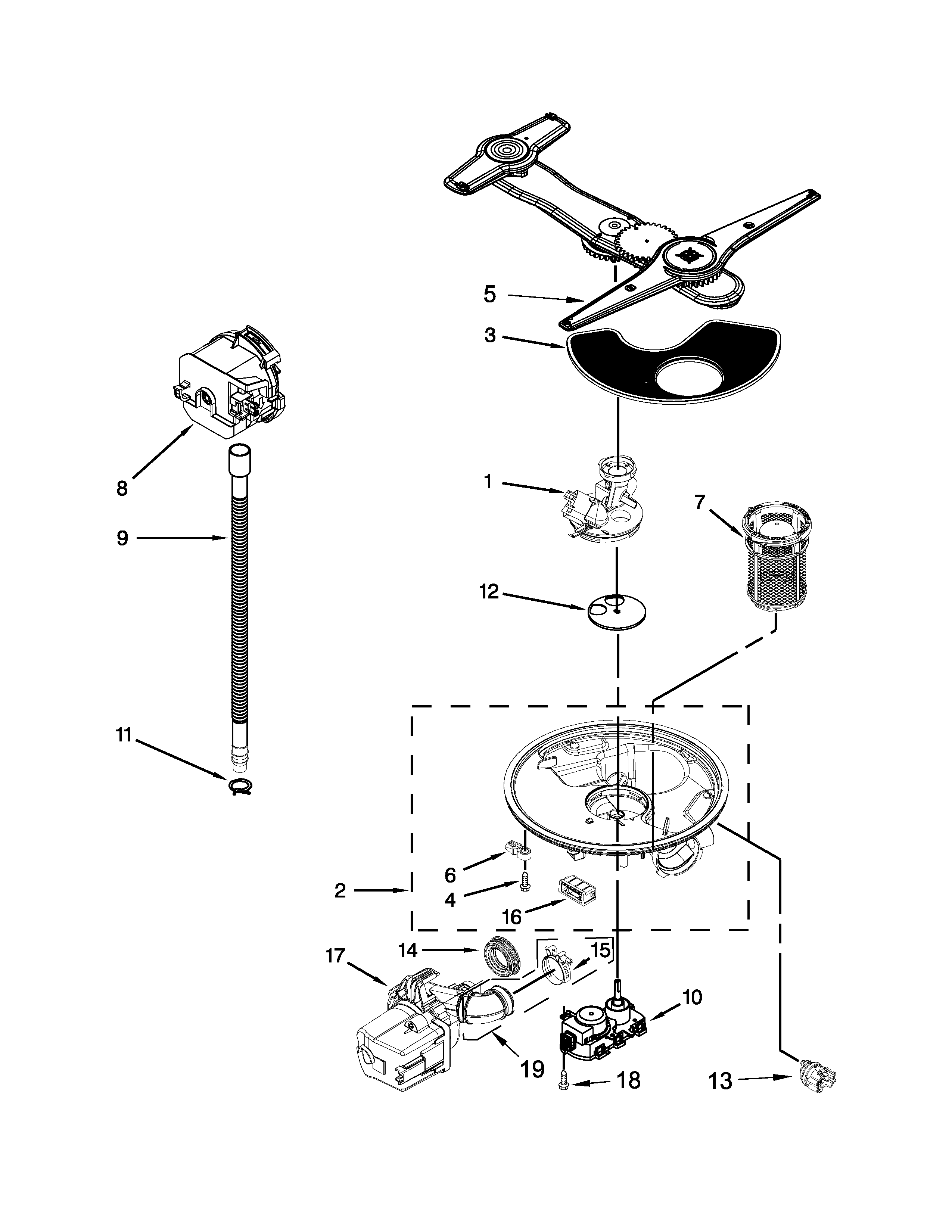 Kenmore Elite 66512813K312 pump, washarm and motor parts diagram