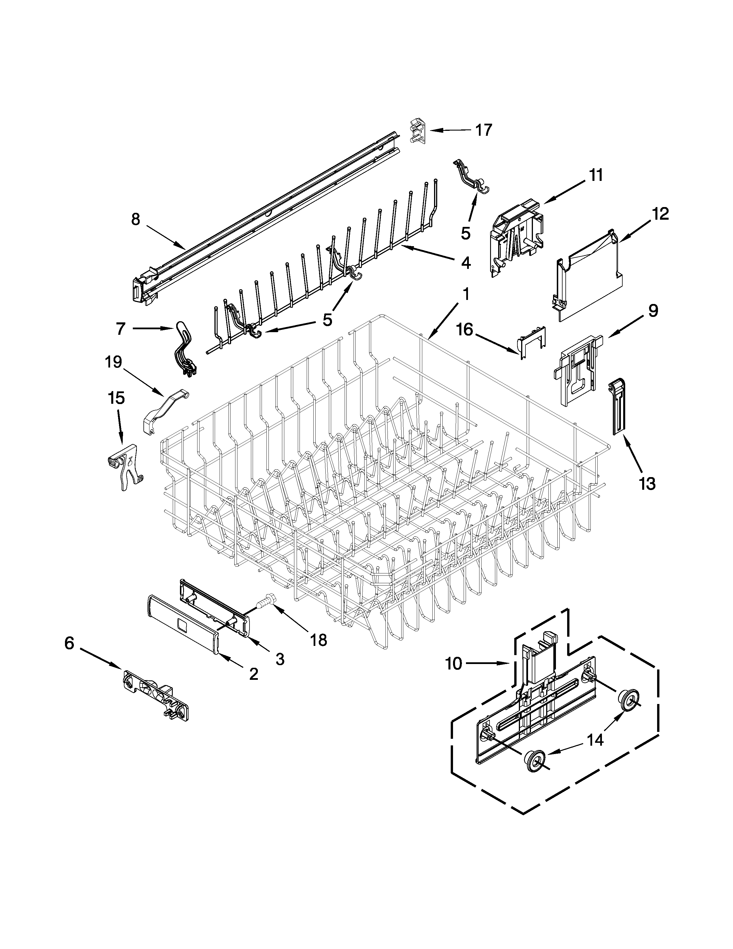 Kenmore Elite 66512813K312 upper rack and track parts diagram