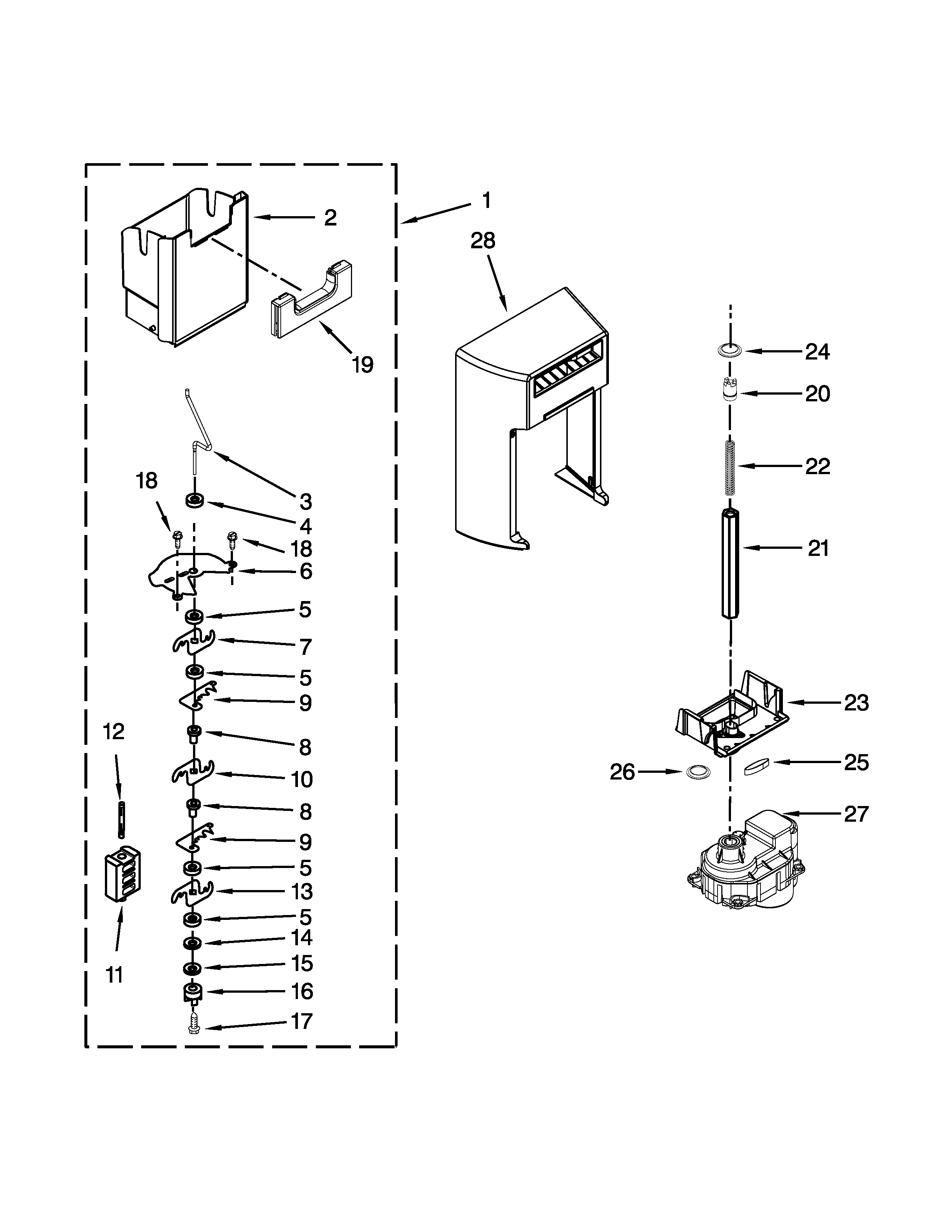 Kenmore Elite 10651153110 motor and ice container parts diagram