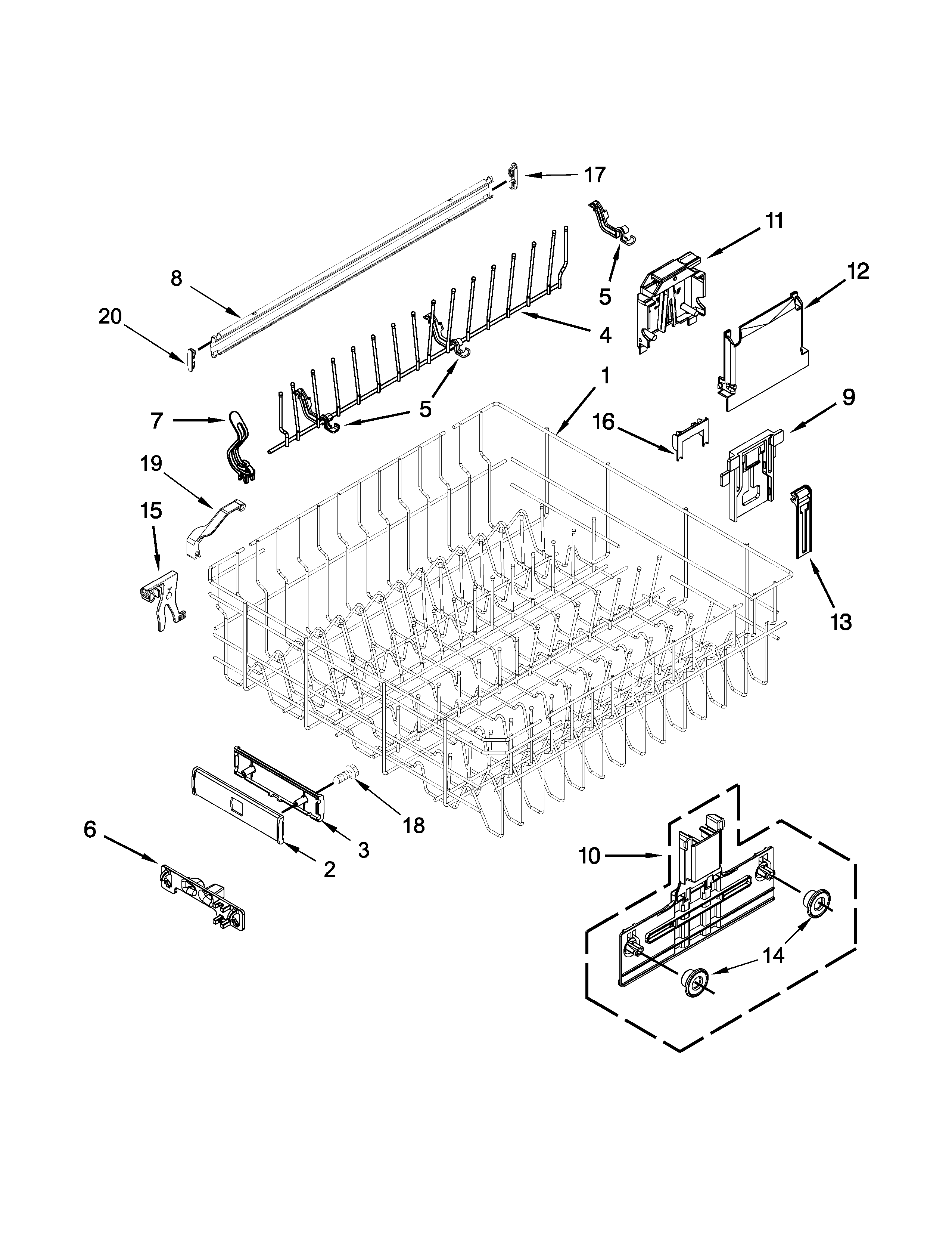 Kenmore Elite 66512772K312 upper rack and track parts diagram