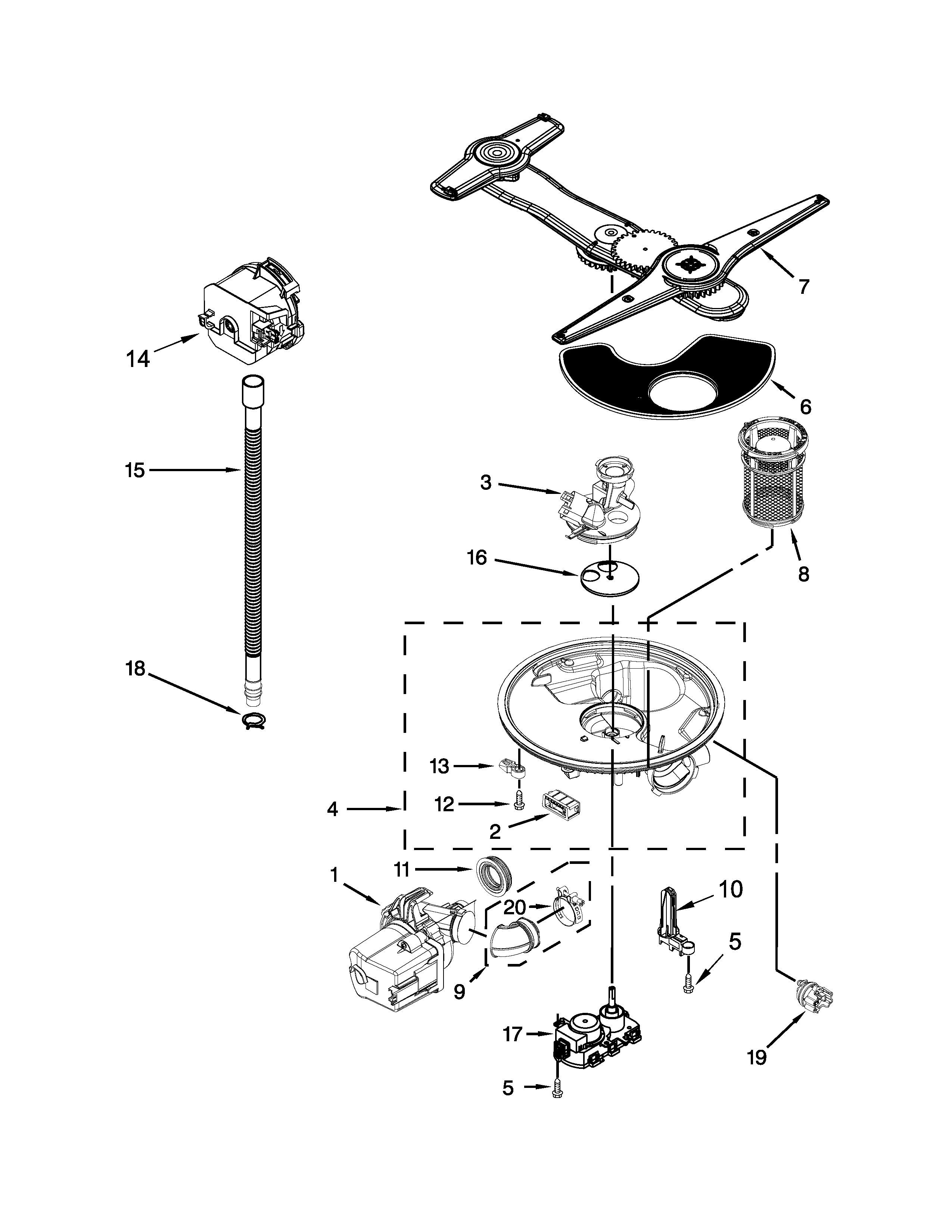 Kenmore Elite 66512793K313 pump, washarm and motor parts diagram