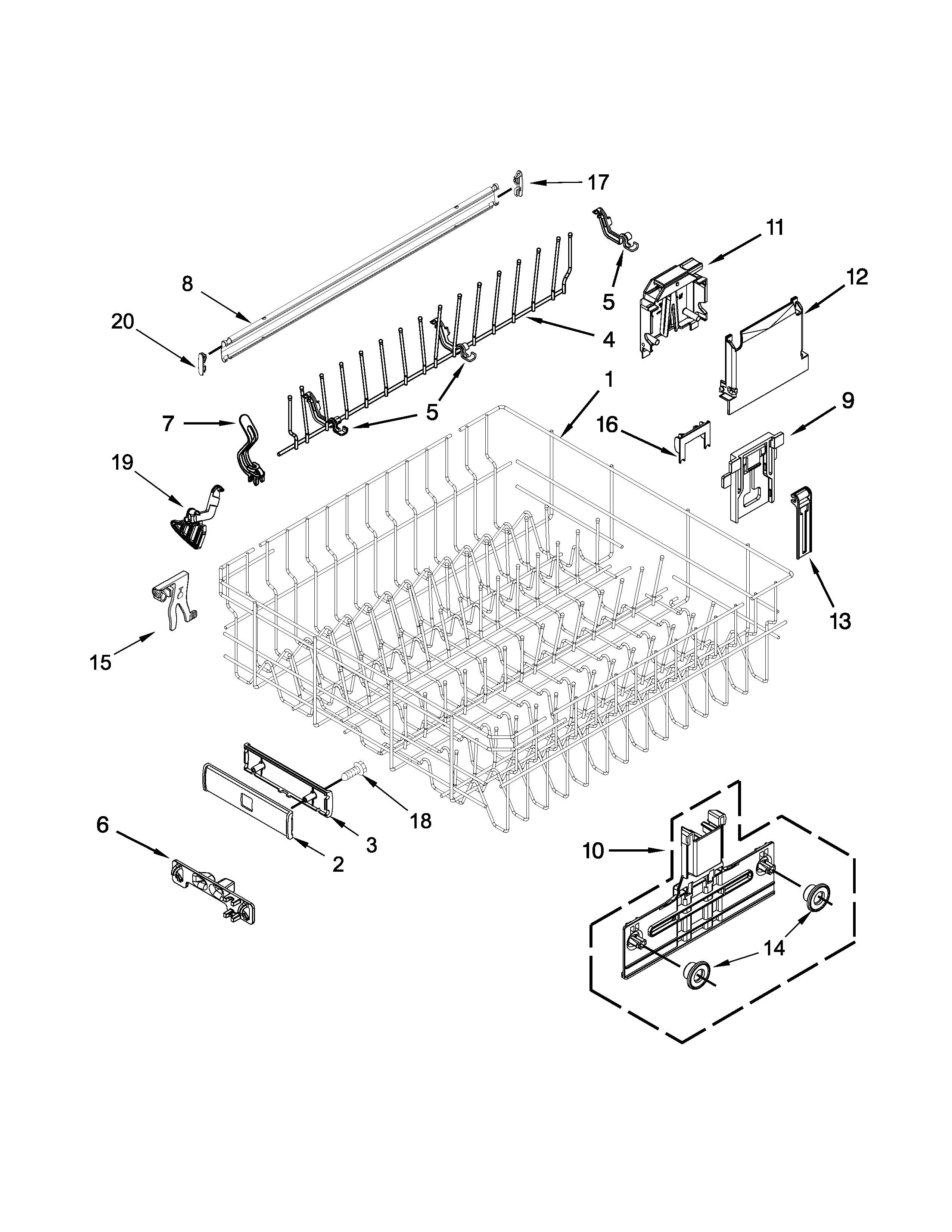 Kenmore Elite 66512774K314 upper rack and track parts diagram