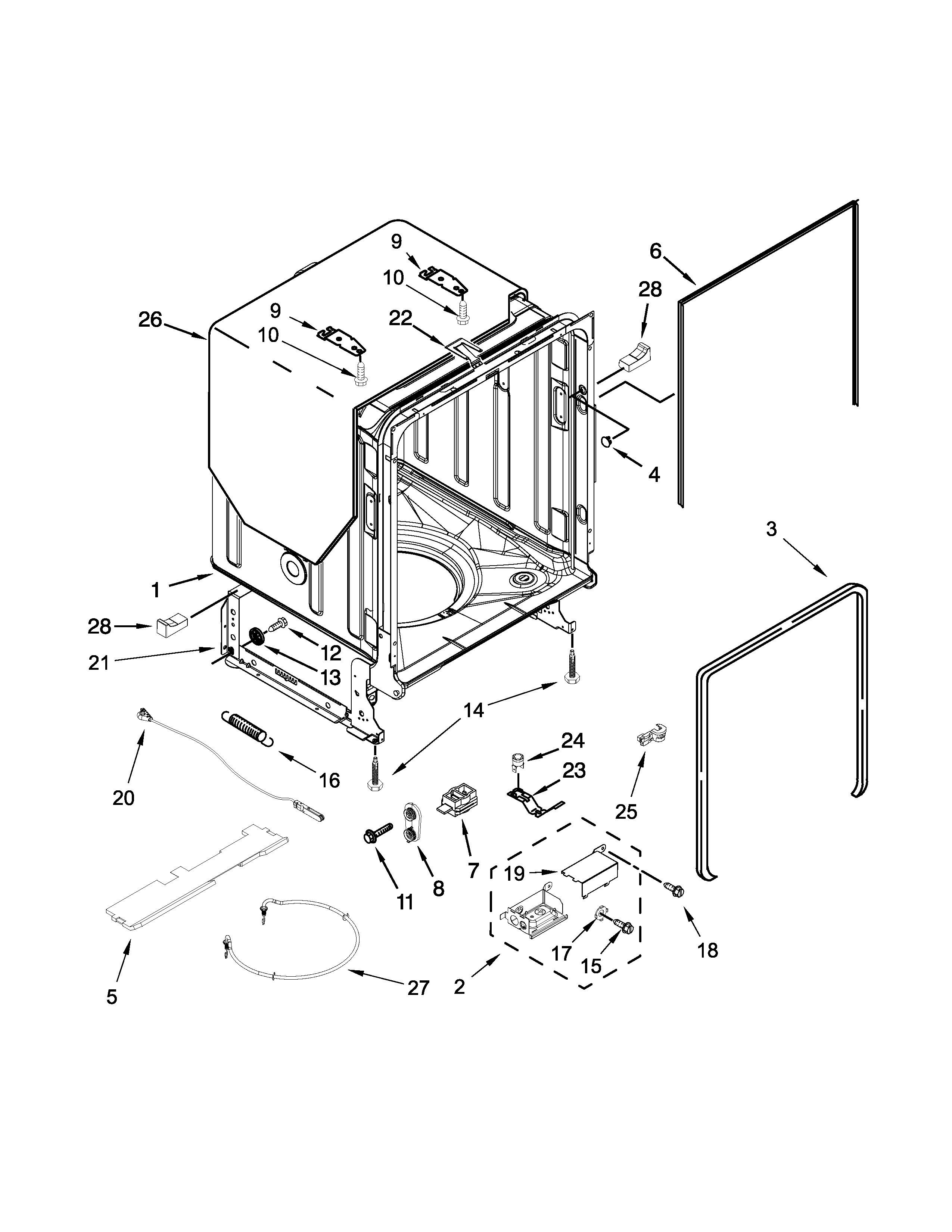 Kenmore Elite 66512789K313 tub and frame parts diagram