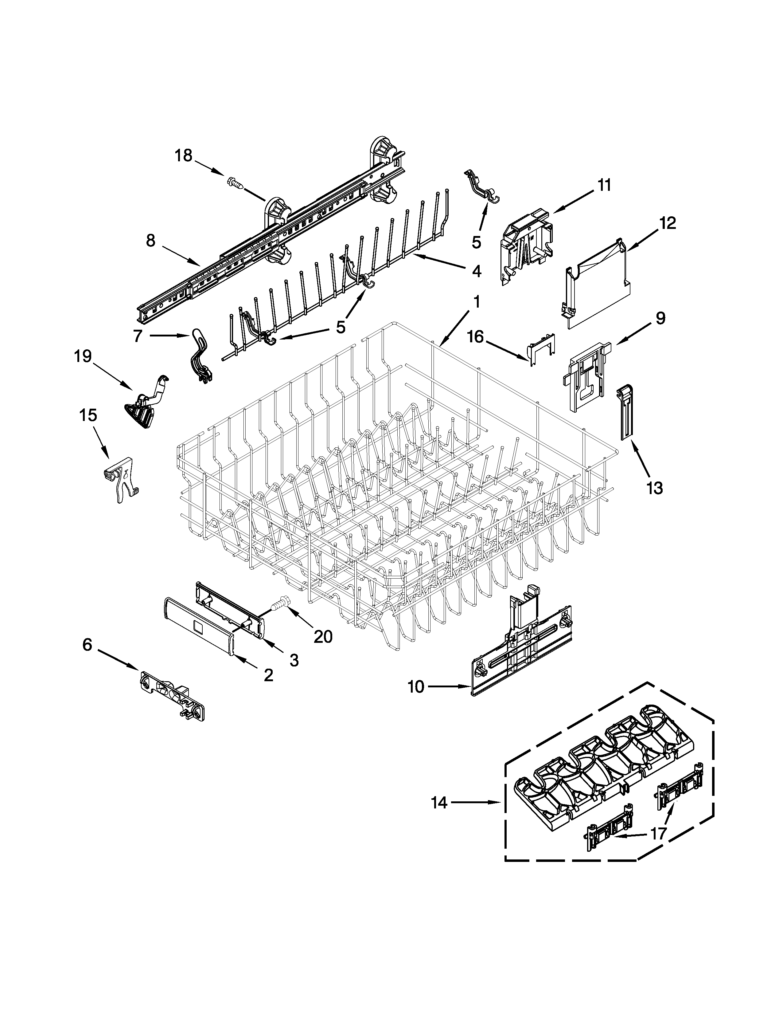 Kenmore Elite 66512789K313 upper rack and track parts diagram